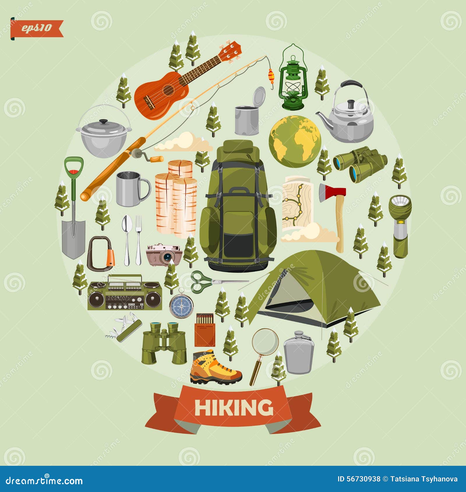   with equipments for hiking and camping on circle .