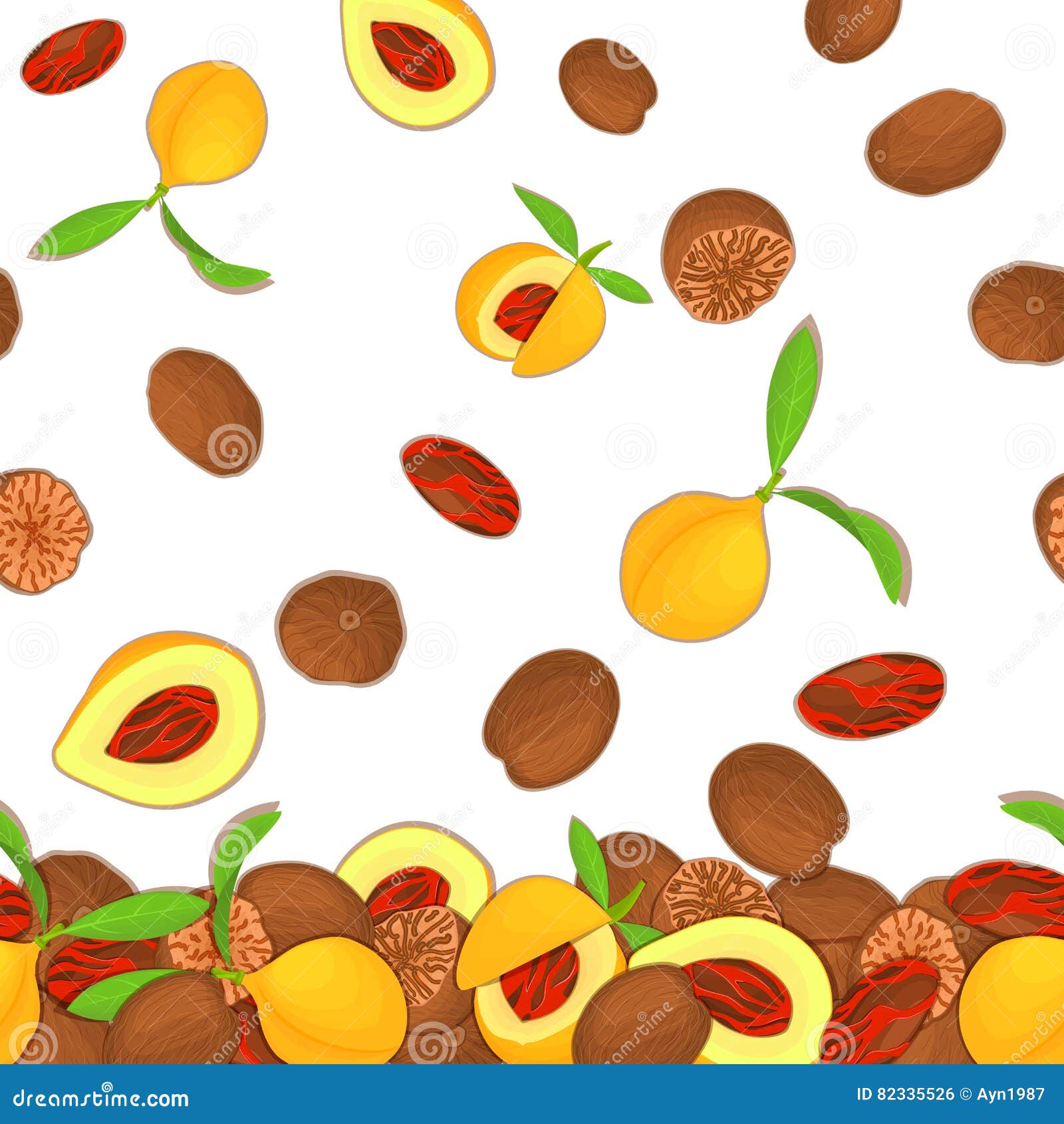 Vector Illustration of Falling Nutmeg Nuts. Background a Spicy Nut. Stock Vector Illustration