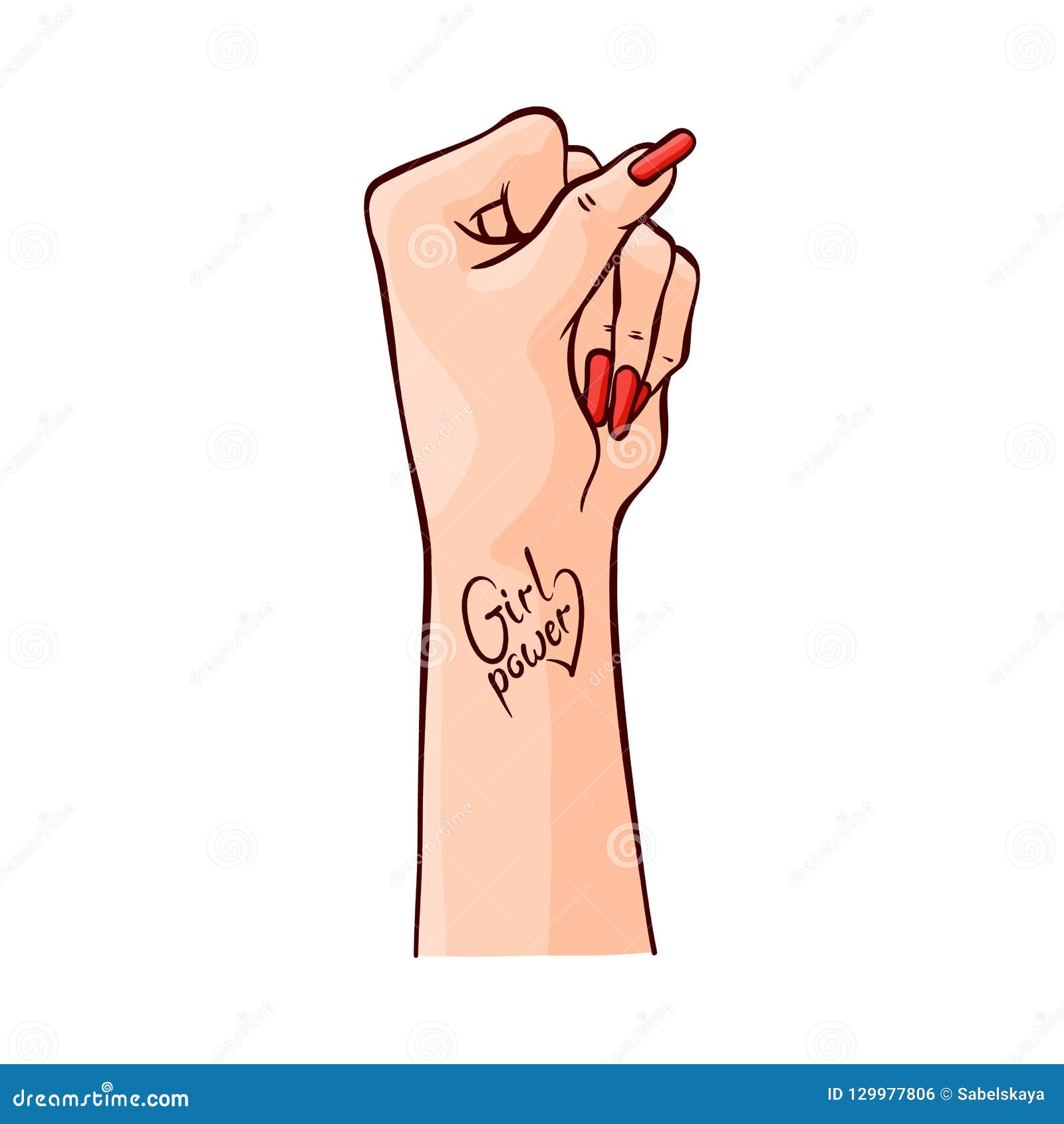 Vector Illustration of Female Hand Clenched into Fist and Tattoo Girl Power  Raised Up. Stock Vector - Illustration of movement, international: 129977806