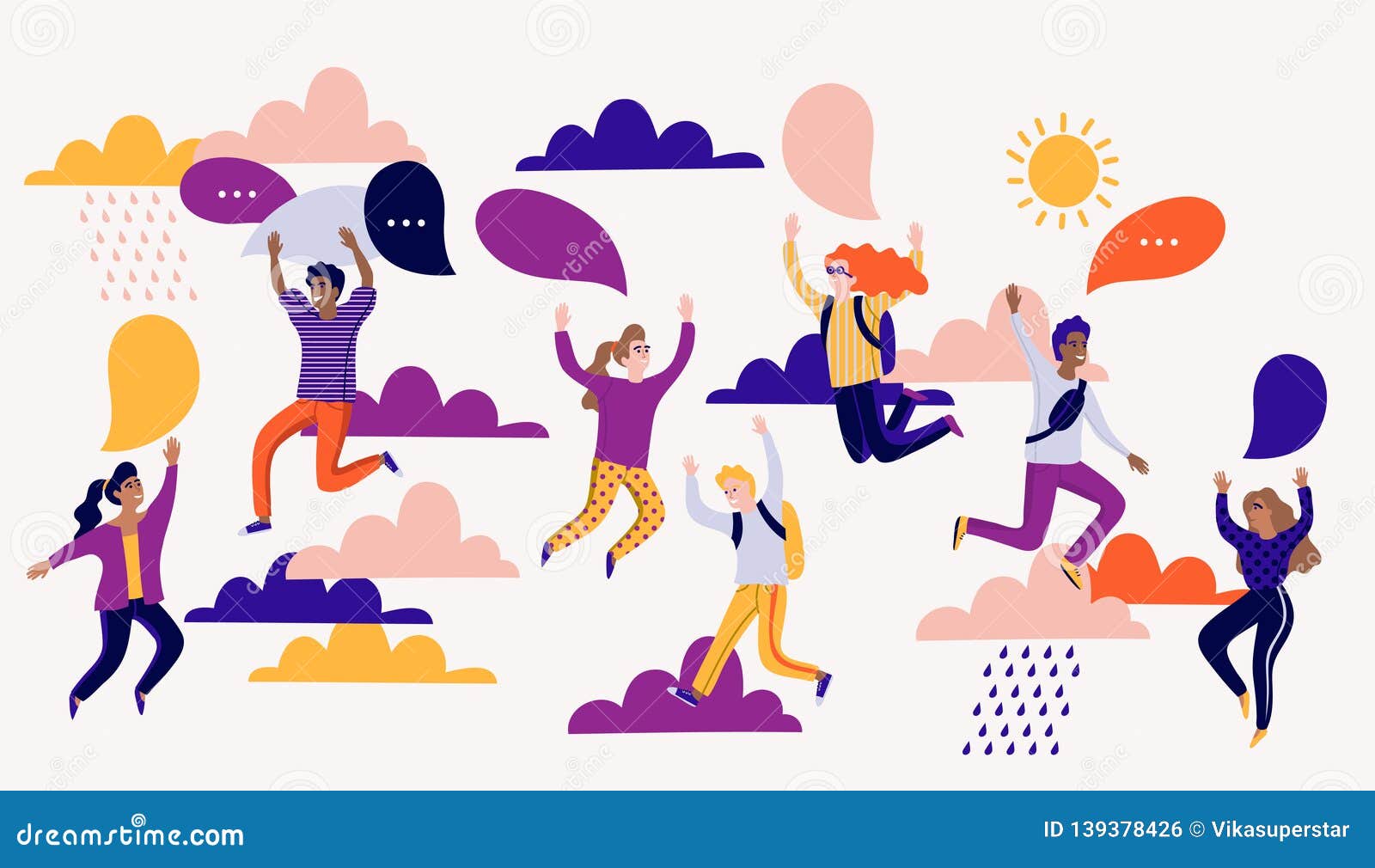 Vector Illustration in Flat Cartoon Style with Group of Young Laughing People Jumping with Raised Hands and Speech Bubbles. Stock Vector - Illustration of hands, raised: 139378426 Vector Illustration in Flat Cartoon Style with Group of Young Laughing People Jumping with Raised Hands and Speech Bubbles. Stock Vector - Illustration of hands, raised: 139378426