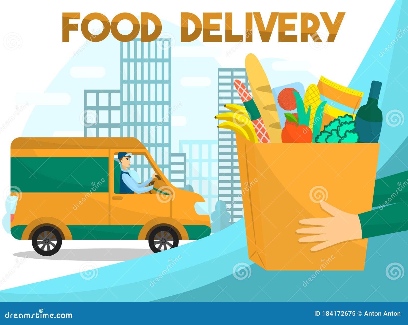 Vector Illustration Of The Food Delivery. Driver On The Truck Or Van. Online  Shopping Service At The Store And Supermarket. Stock Illustration -  Illustration of person, speed: 184172675