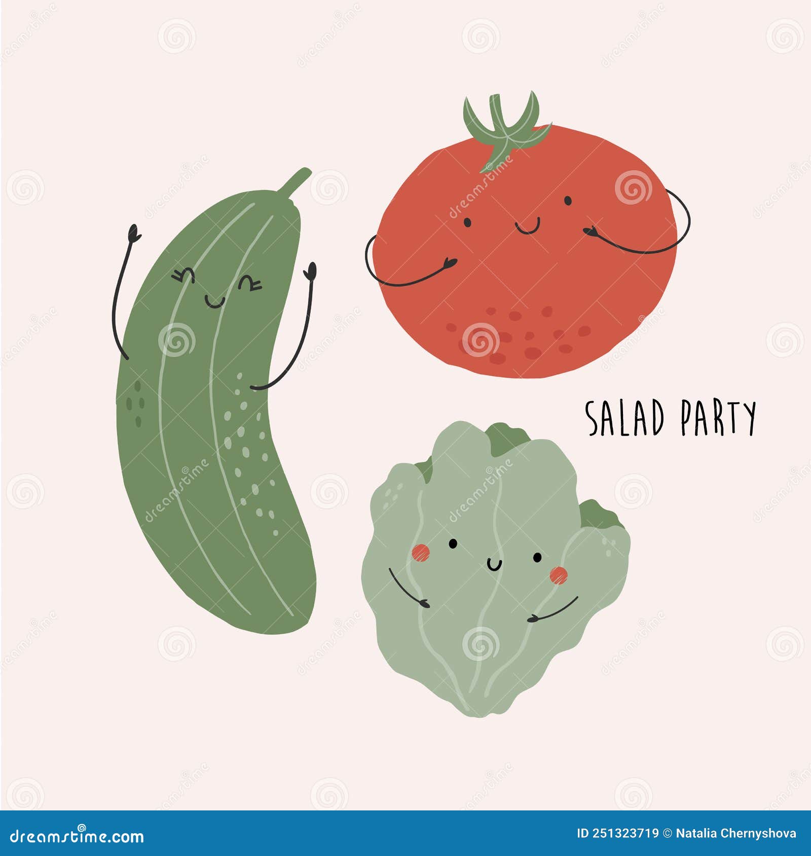 Vector Illustration with Funny Characters Cucumber, Tomato and Lettuce