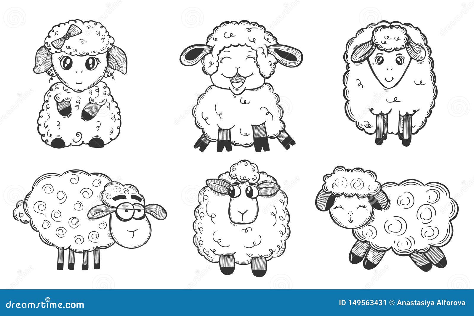 Black and White Set with Funny Sheep Stock Vector - Illustration of ...