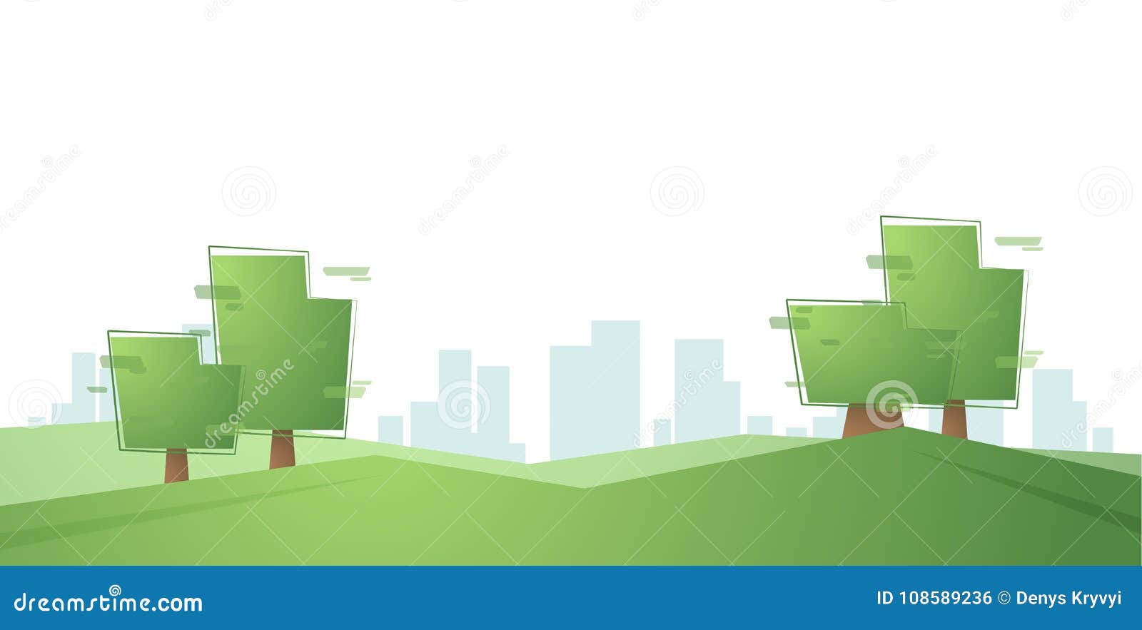 Geometric Cartoon Trees on the Background of the City. Stock Vector