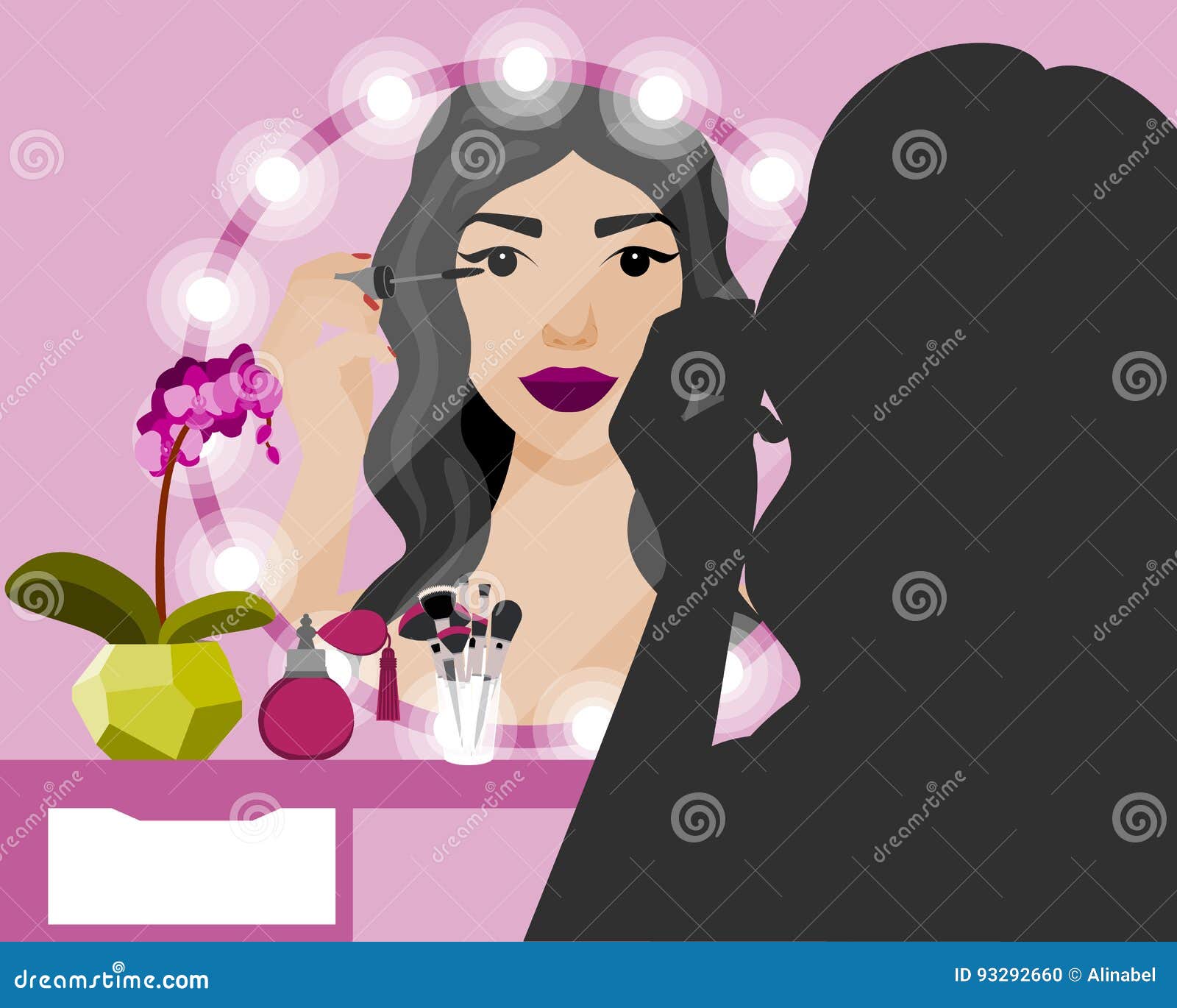 Vector Illustration With Girl Doing Makeup Tutorial At Vanity Table