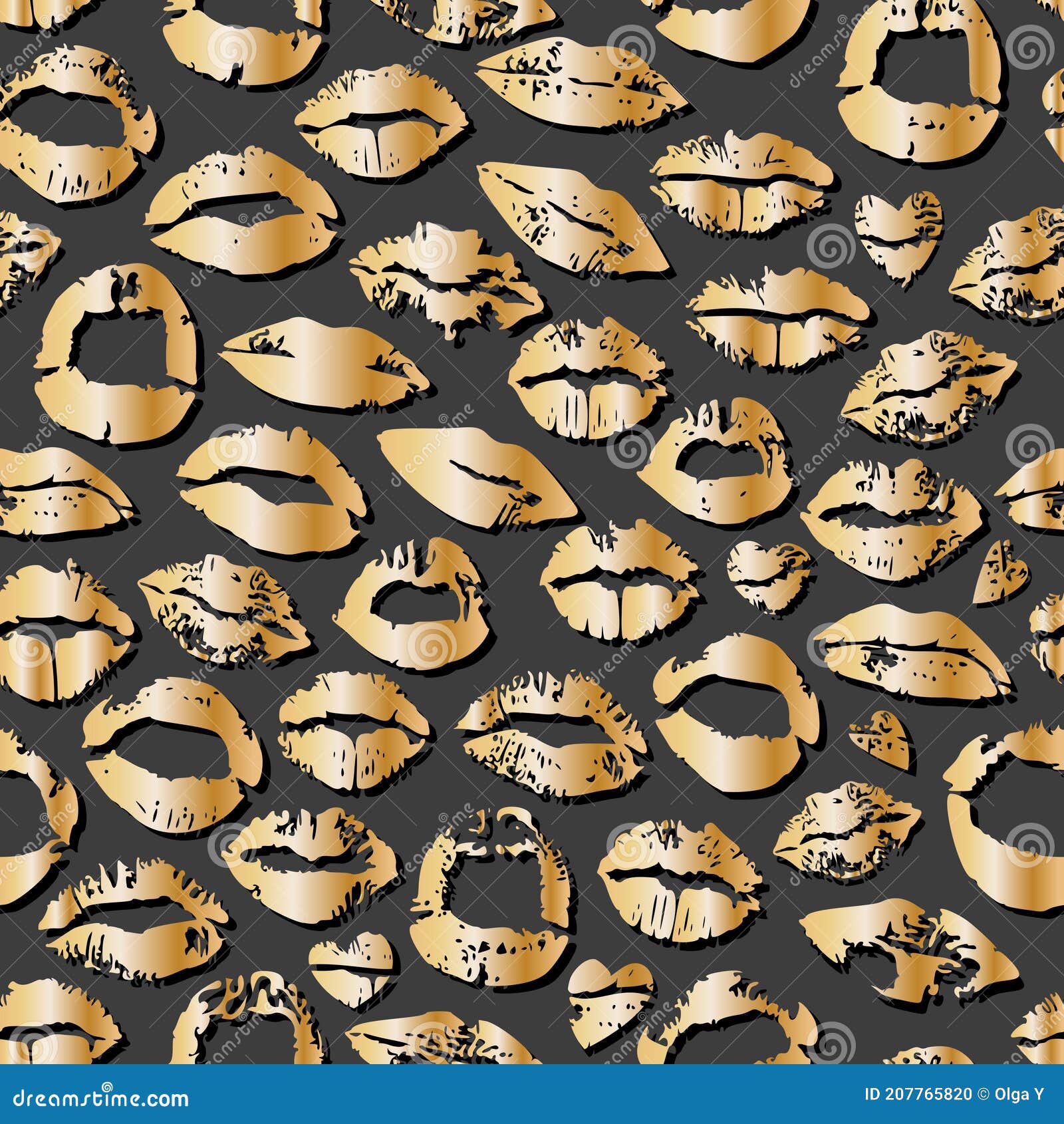 Vector Illustration with Gold Lips Prints on a Dark Background, Stock