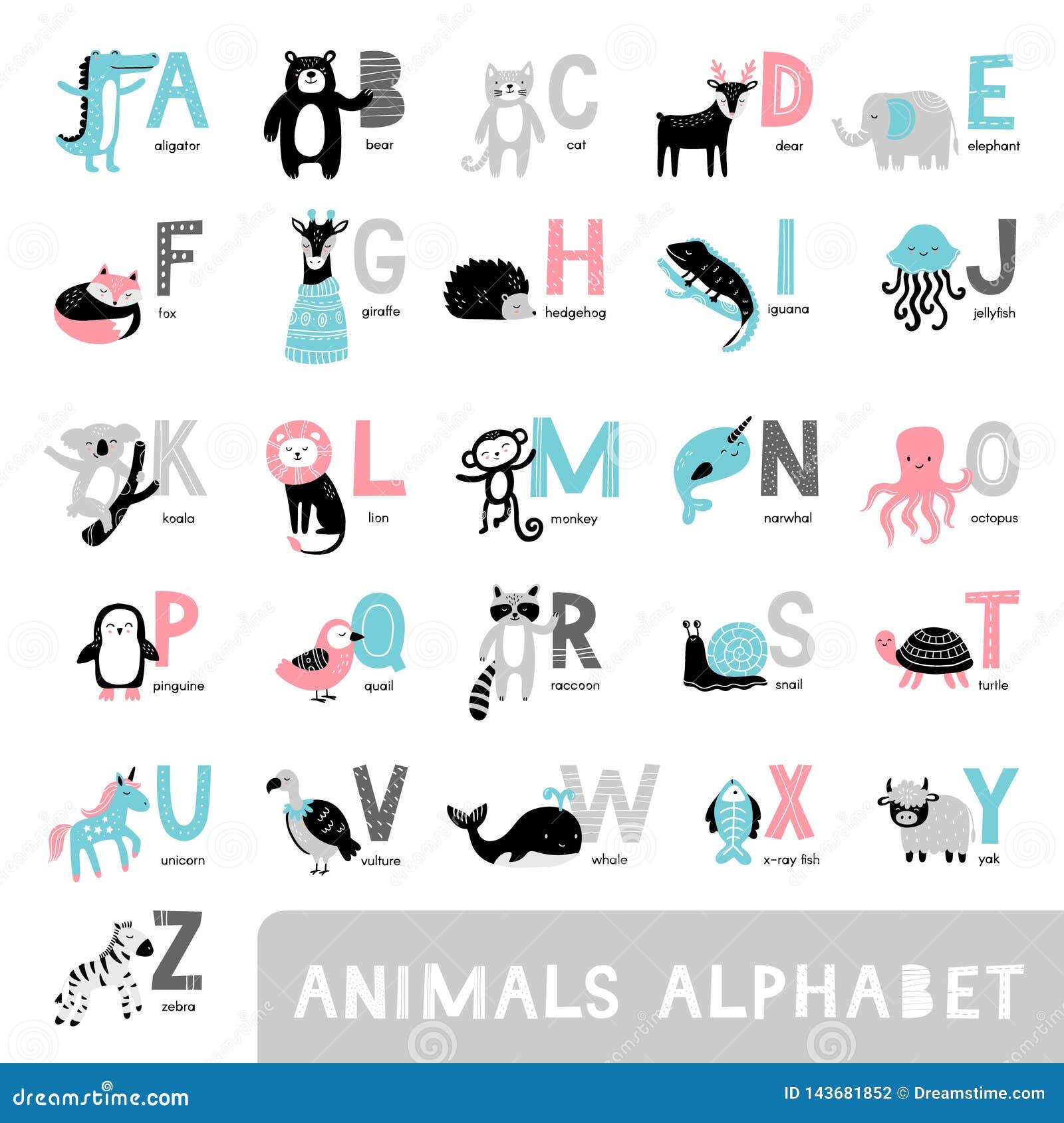 Alphabet With Cute Cartoon Animals Bear Dear Fox Elephant