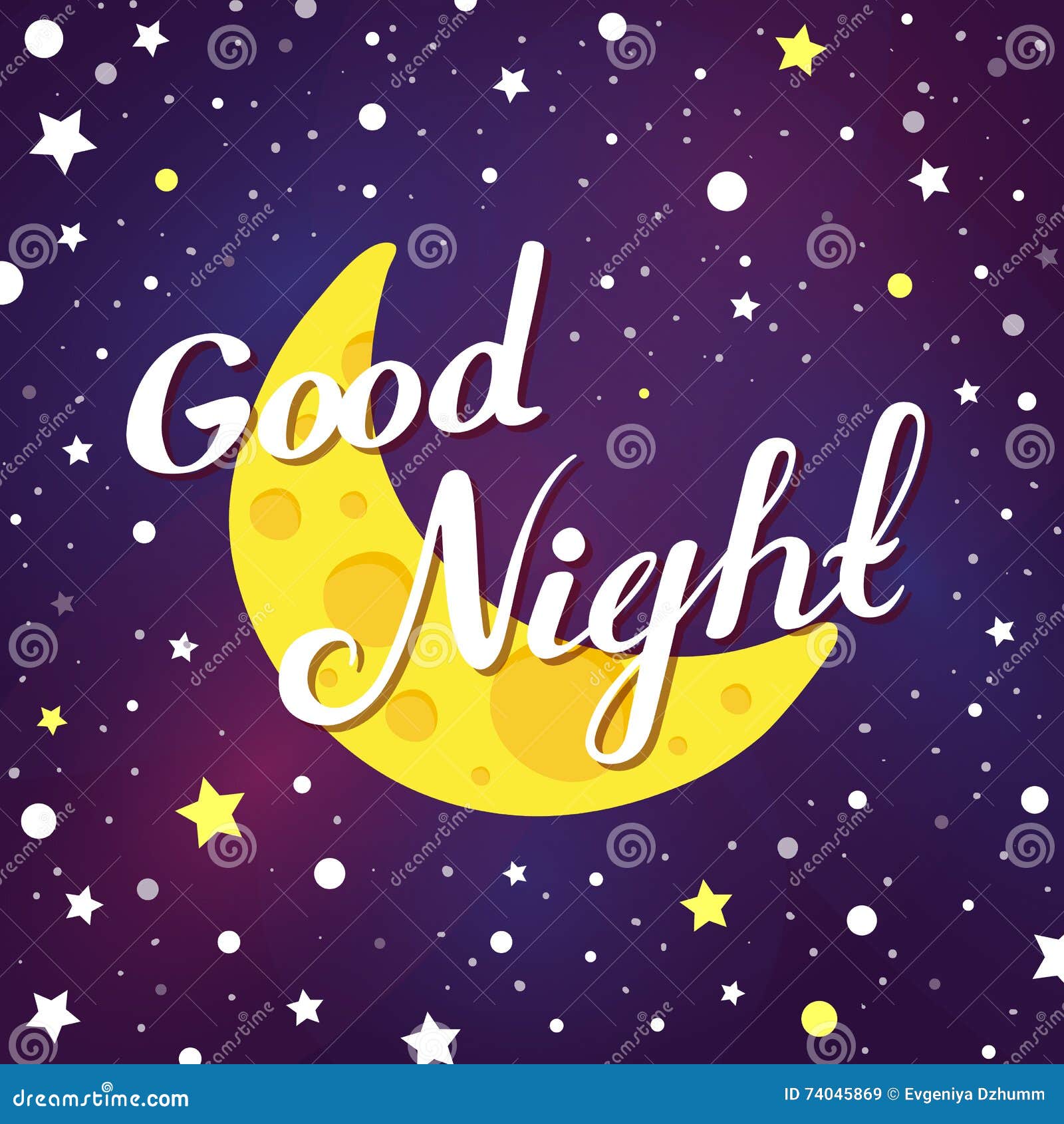 Vector Illustration Of Good Night Lettering On Dark Sky With Moon And ...