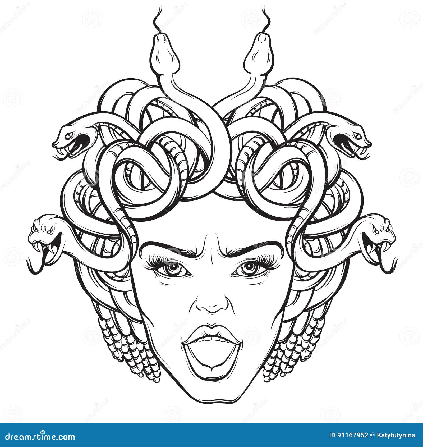 Vector Illustration of Gorgon with Snakes and Open Mouth Stock Vector ...