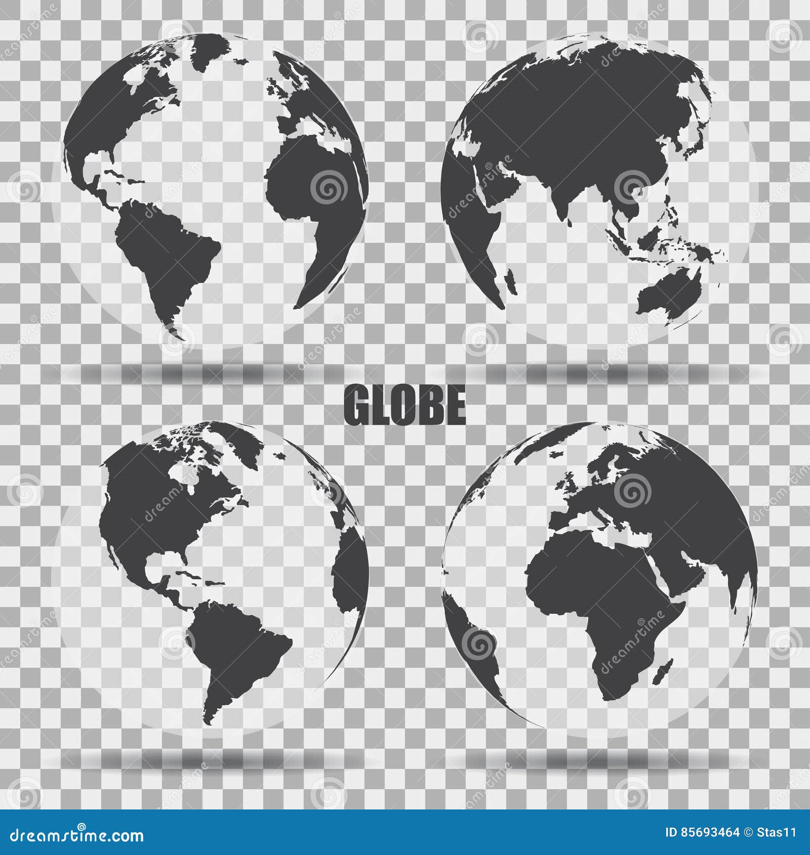 Vector Illustration of Gray Globe Icons with Different Continents ...