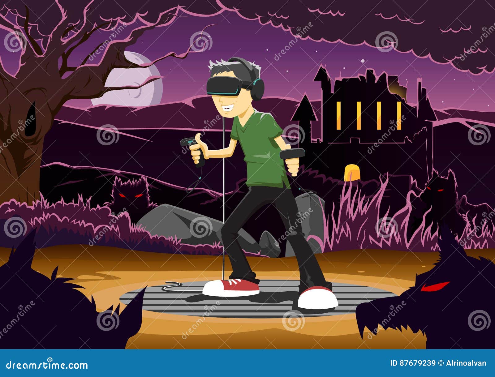 Vector Illustration of Guy Playing Horror Game Via VR Headset Stock