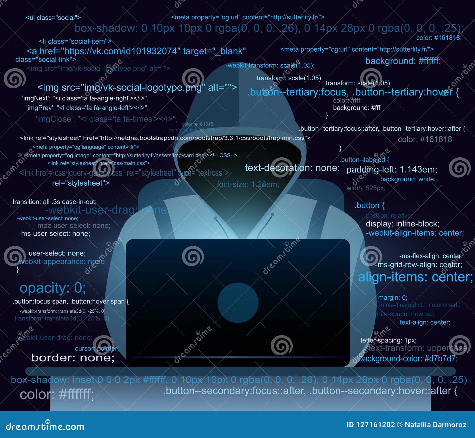 Vector Illustration of Hacker with Laptop, Hacking the on Dark
