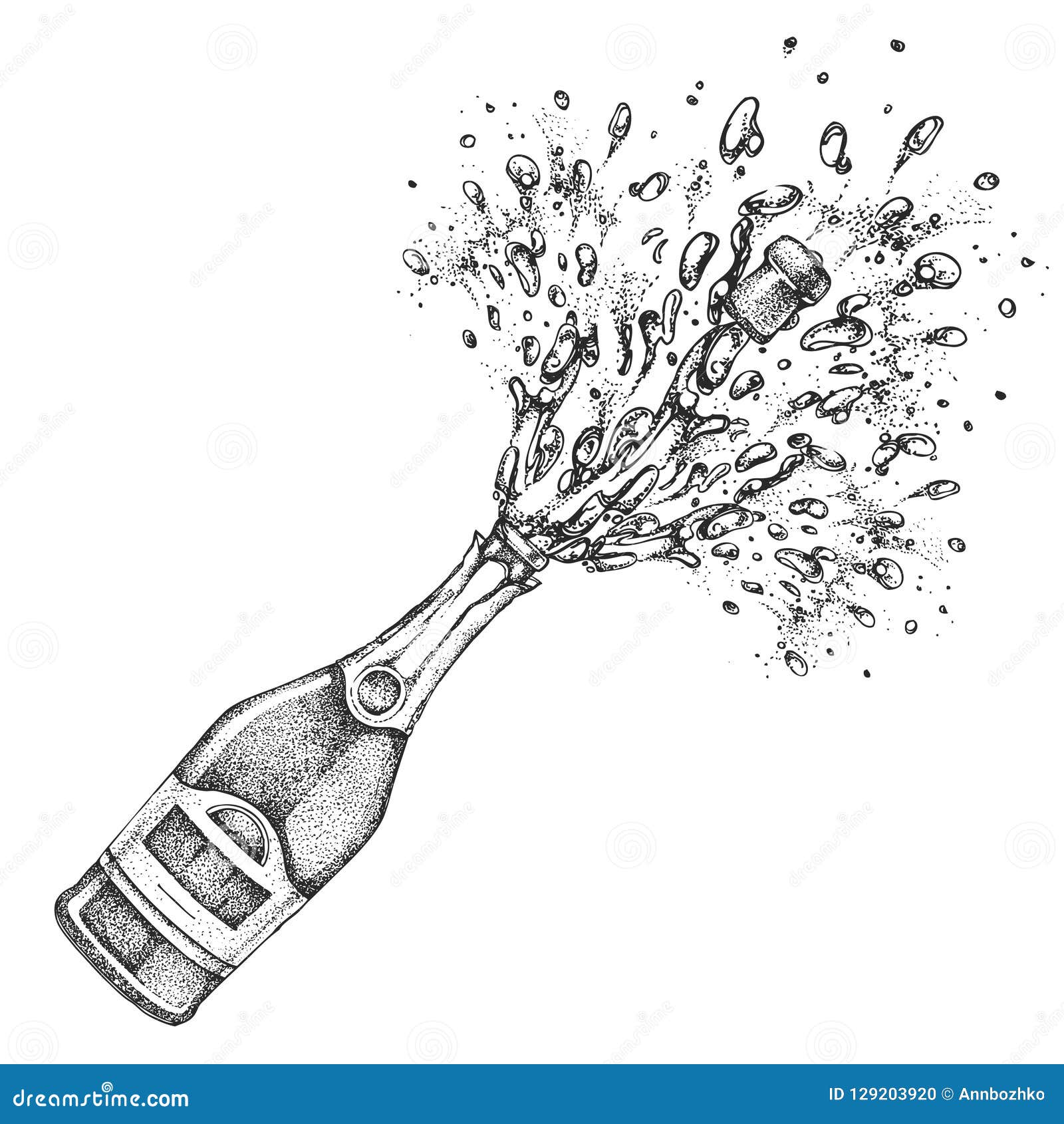 Vector Illustration of Hand Drawing Champagne Bottle with Splash. Stock