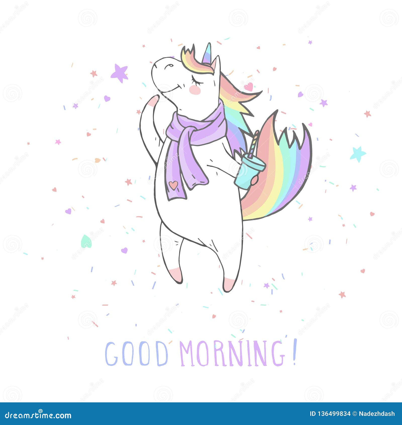 Vector Illustration Of Hand Drawn Cute Unicorn In Scarf With Coffee And