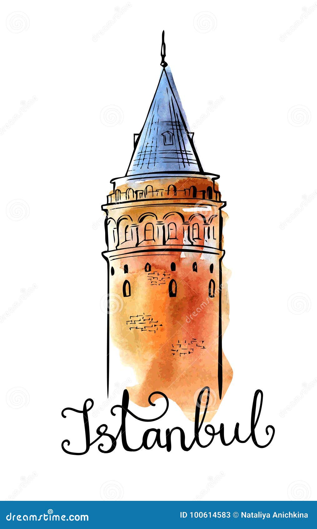  watercolor  with galata tower in istanbul
