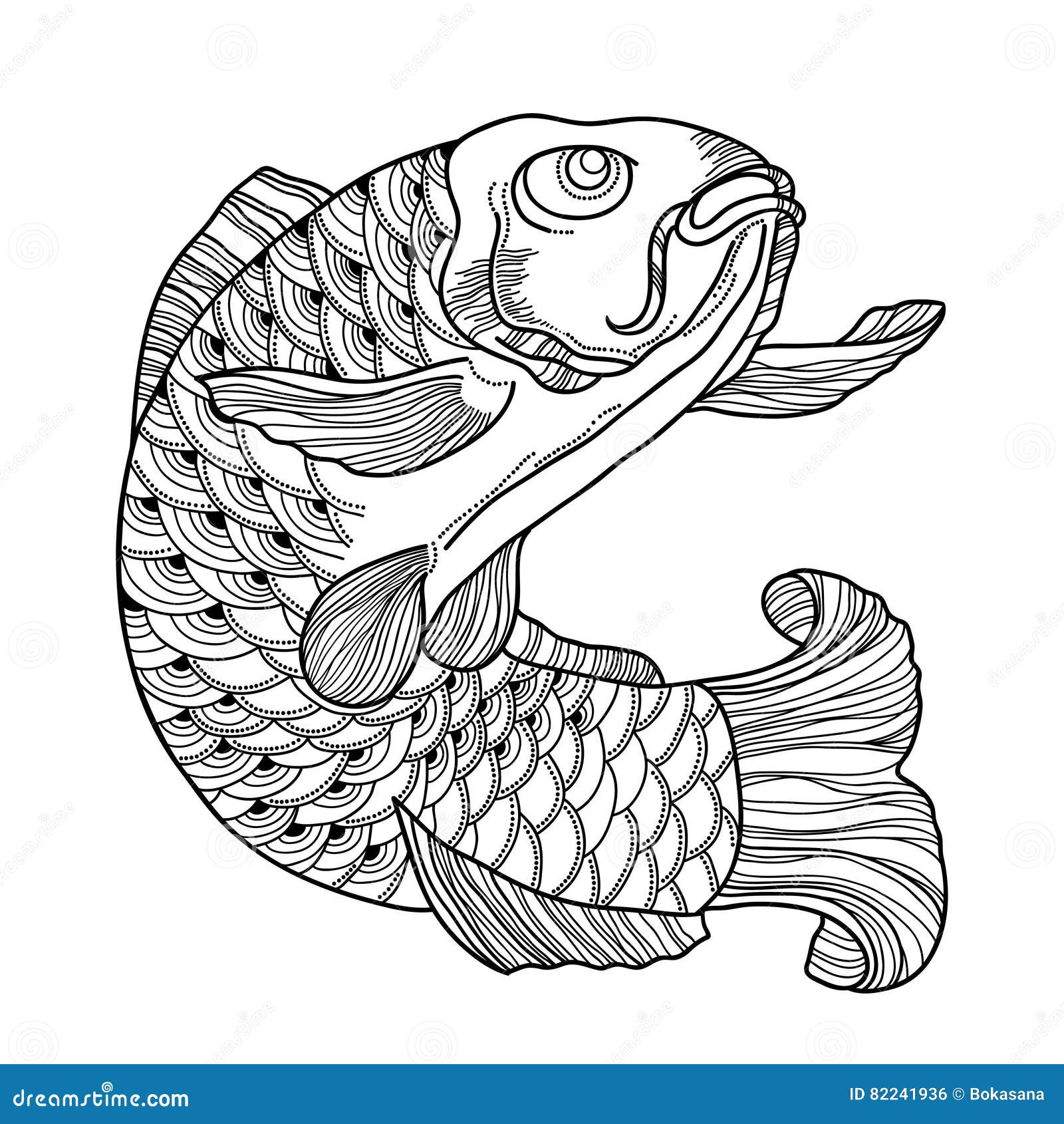 Vector Illustration with Hand Drawn Outline Black Koi Carp Isolated on