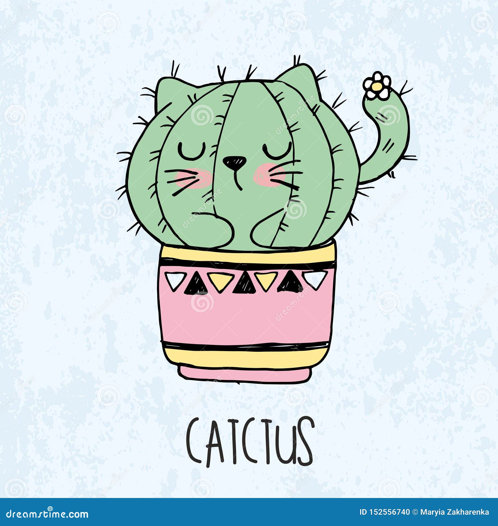   of hand drawn sketch cute kawaii cat cactus in a flowerpot in anime style with lettering catctus