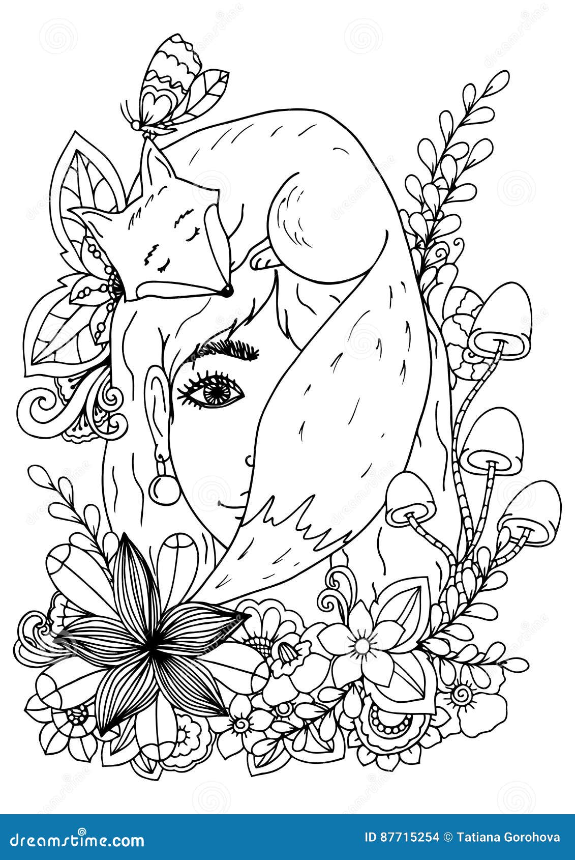 Download Vector Illustration Of Handmade Work, Zentangl Girl In The Flowers And Fox. Doodle Drawing ...