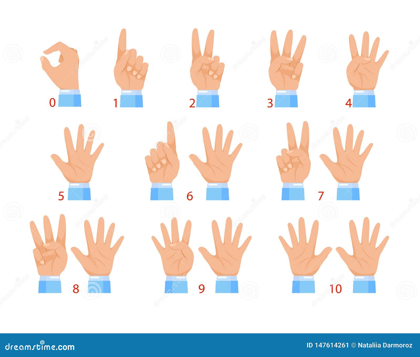 Vector Illustration of Hands and Numbers by Fingers. Human Hand and ...