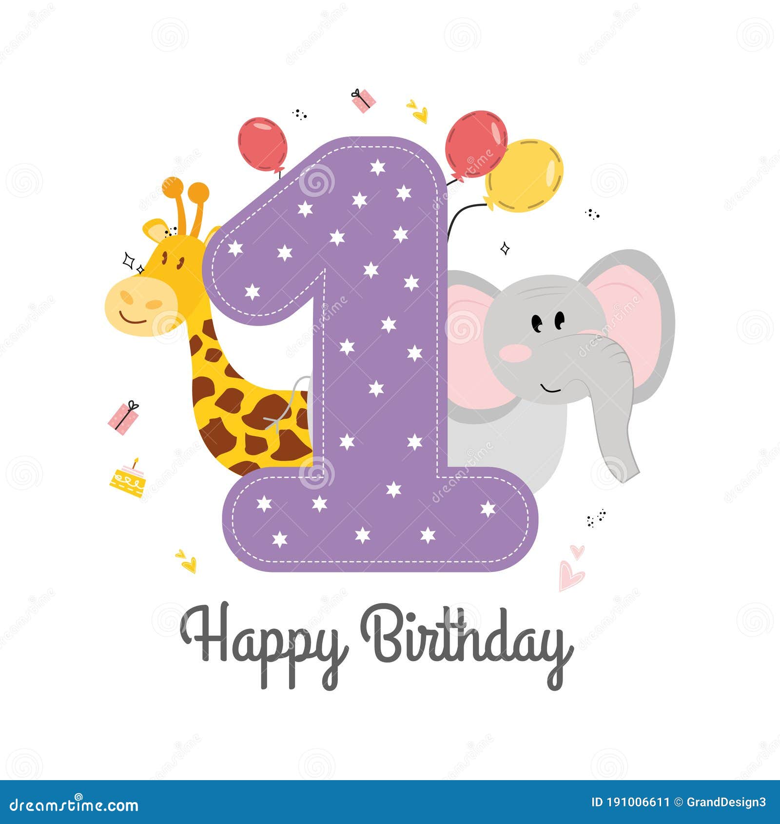 Vector Illustration Happy Birthday Card with Number One, Animals ...