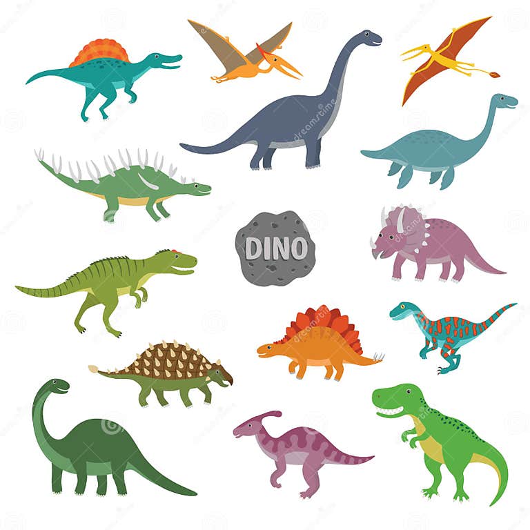 Vector Illustration of Happy Cartoon Dinosaur Character Set Stock ...