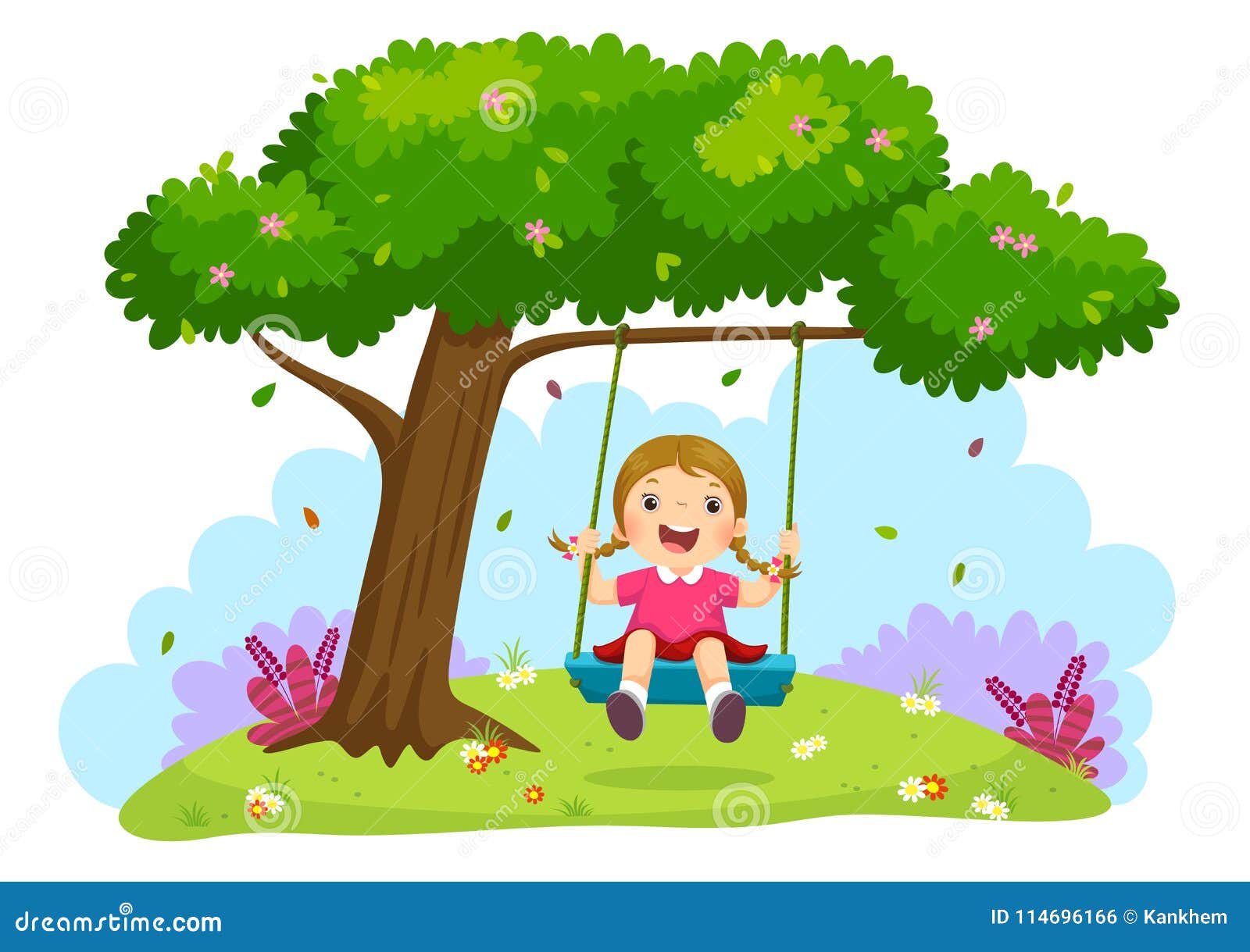 happy child girl laughing and swinging on a swing under the tree