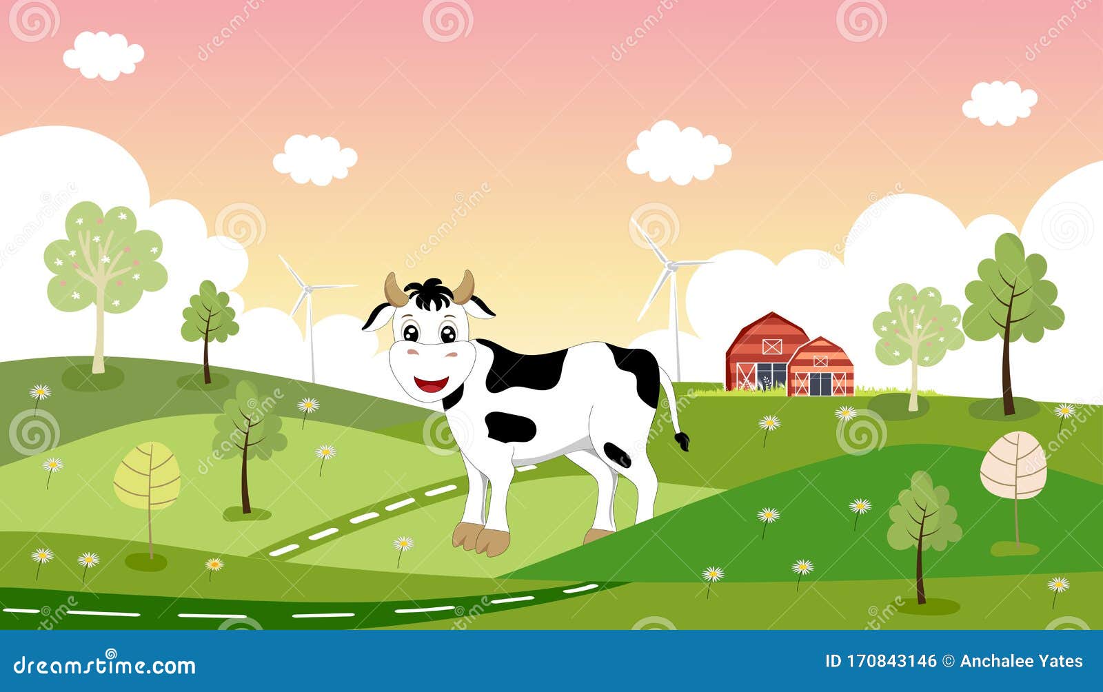   of happy and healthy cow grazing standing in grass field with tree, windmill and wood bran in sunny day,