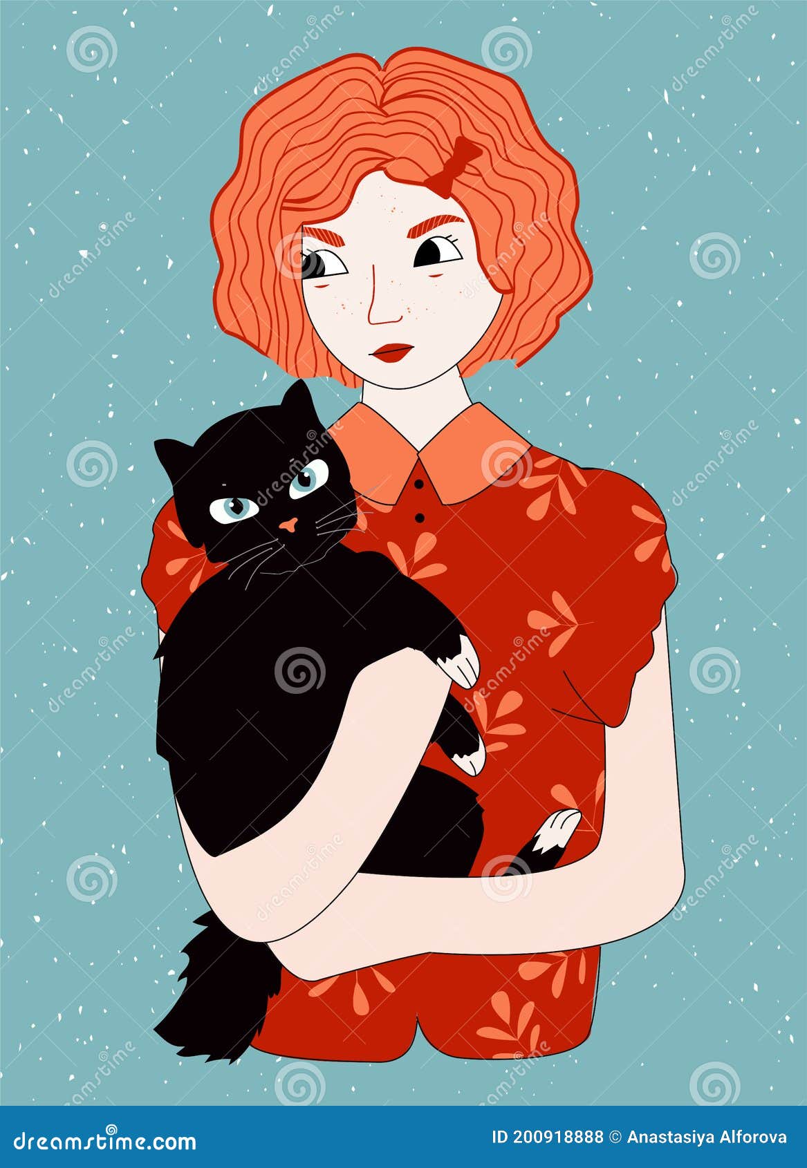 Redheaded Girl Holding Black Cat Stock Vector - Illustration of ...