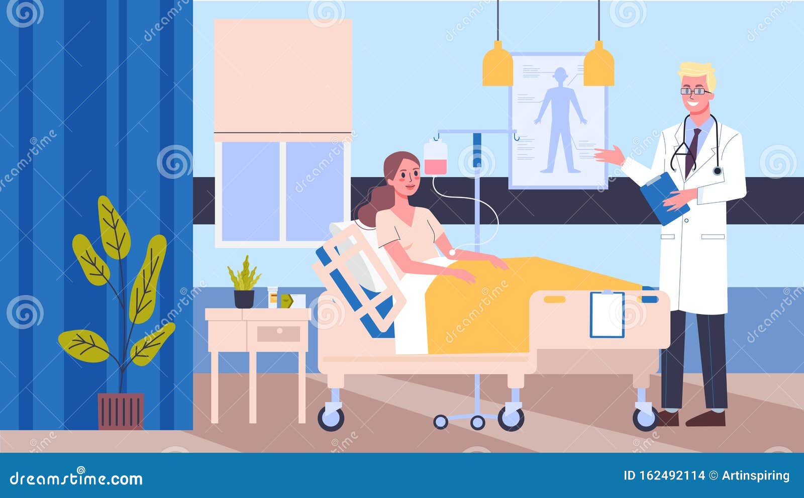 Vector Illustration Hospital Room. Doctor and Nurse Checkinf Patients ...