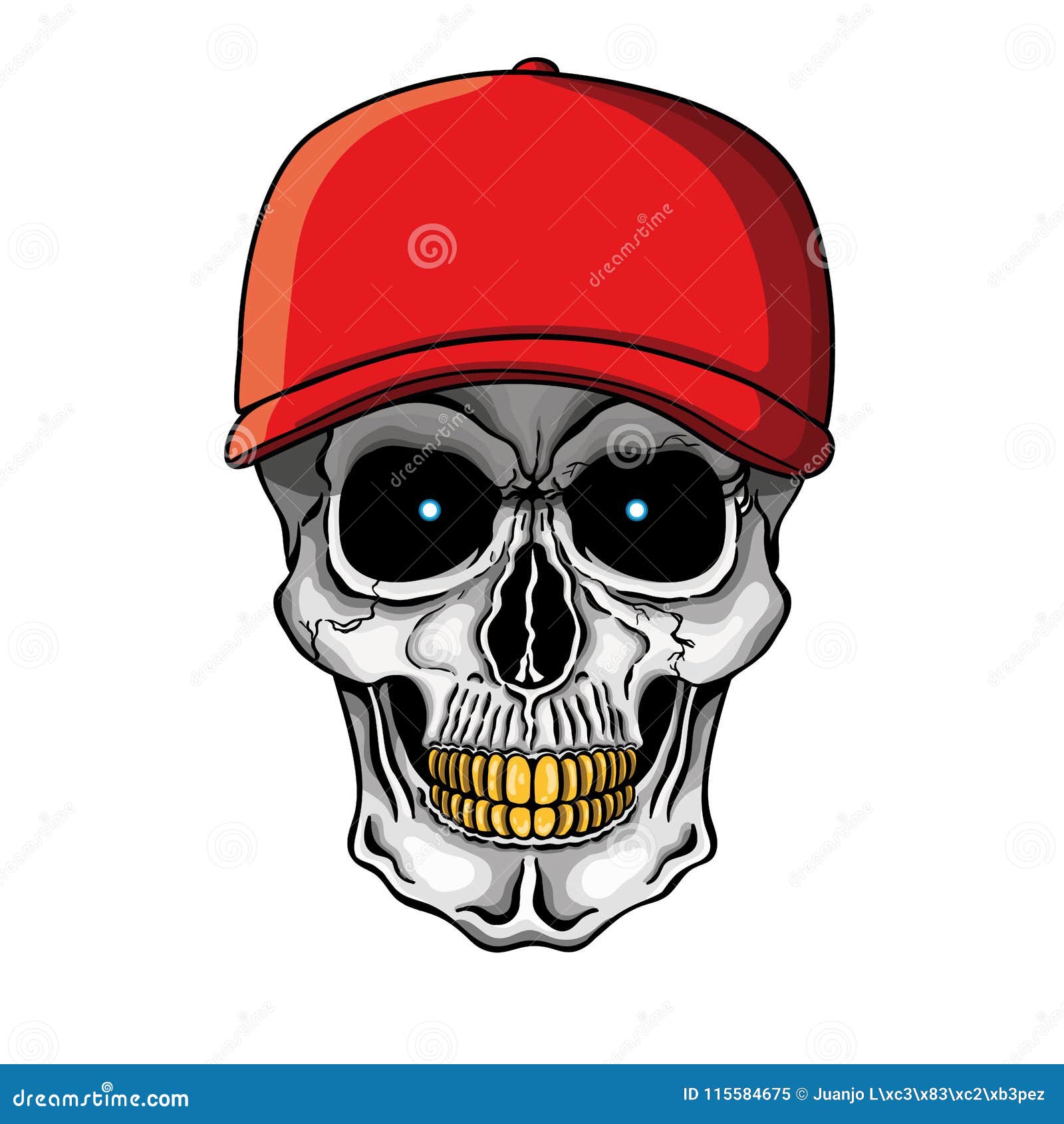 Vector Illustration of Human Skull with Golden Teeth and Baseball Cap ...