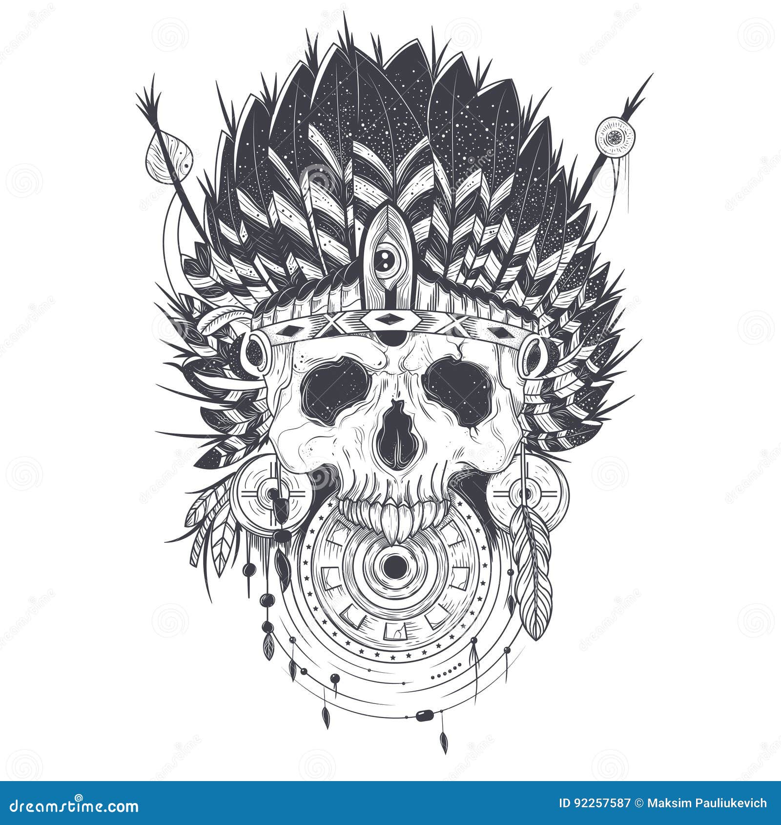 Vector Illustration of a Human Skull in an Indian Feather Hat, Tattoo ...