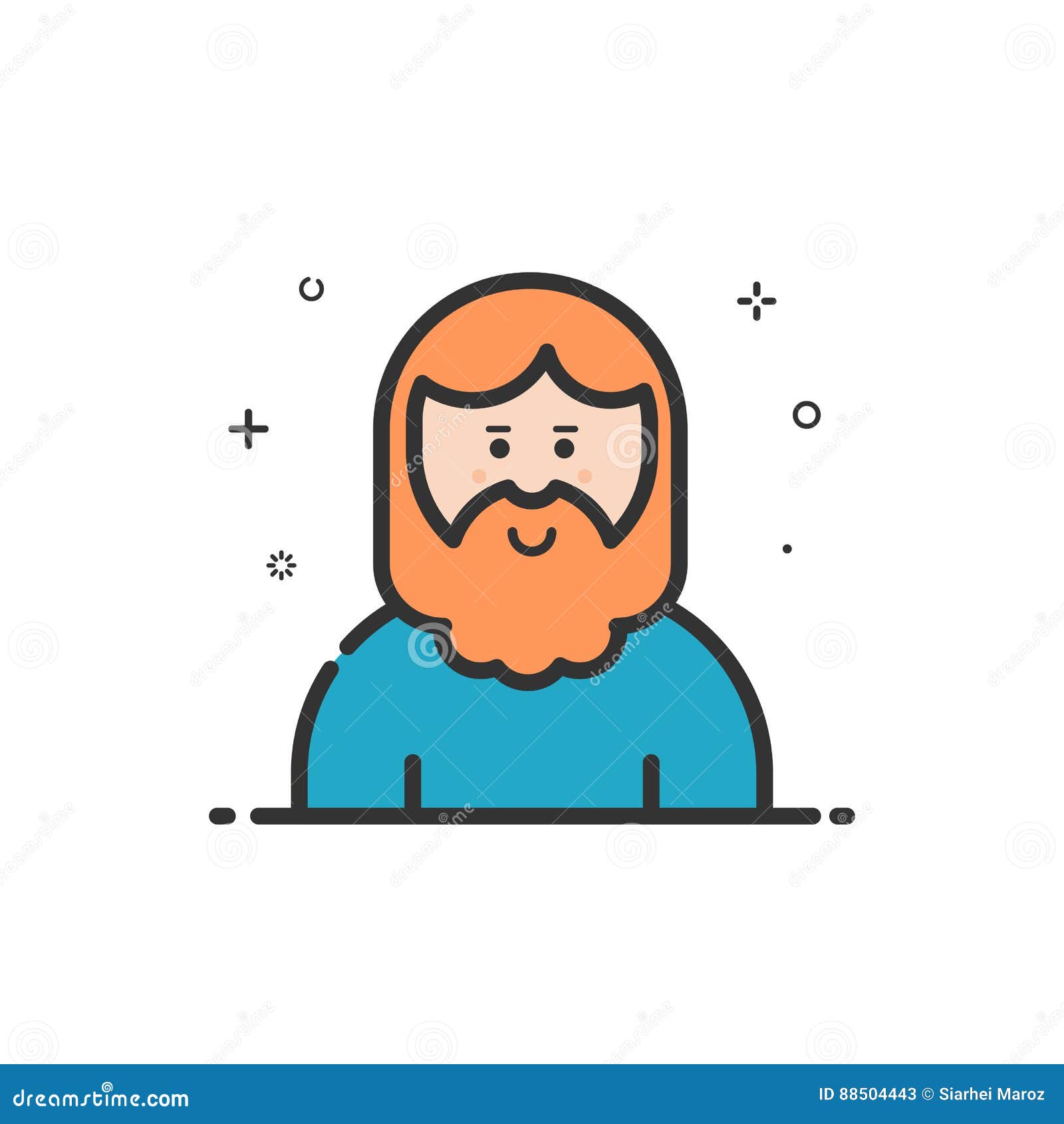   of icon in flat line style. linear cute and smiling hipser man with beard.
