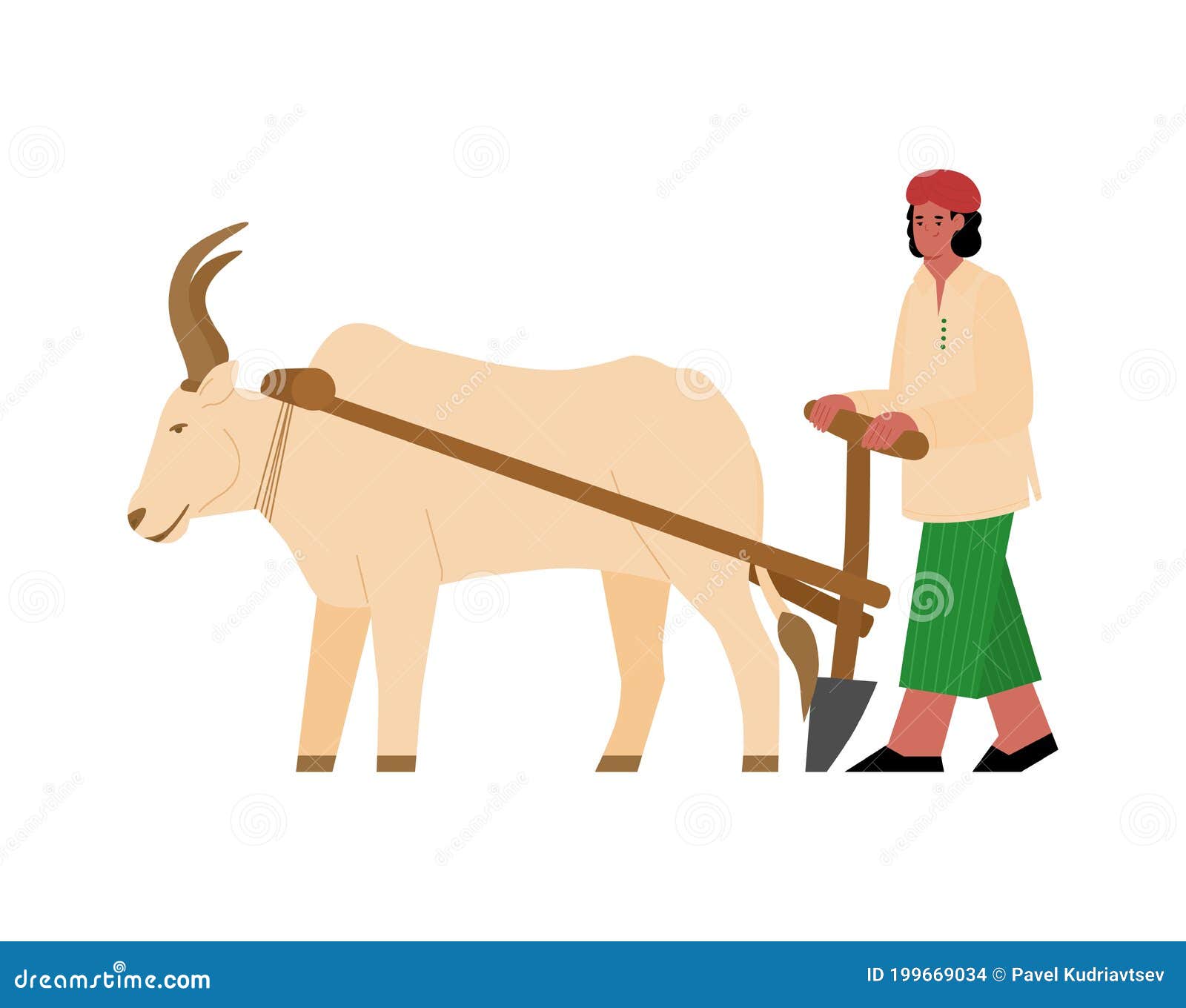 Vector Illustration with Indian Farmer Plowing Field and Harnessed ...