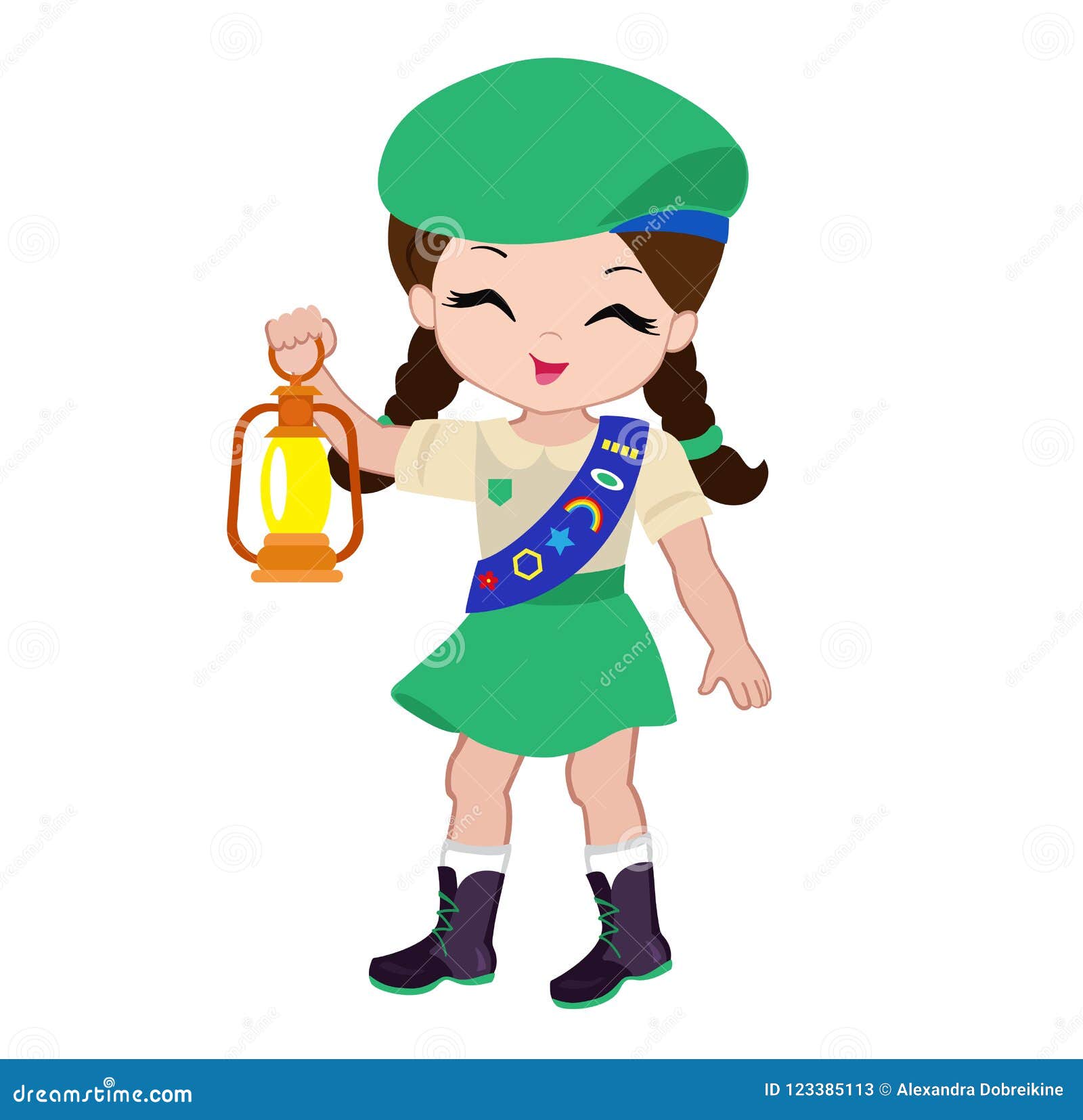 Cheerful Girl Scout with Flashlight. Stock Vector Illustration of happy, costume 123385113