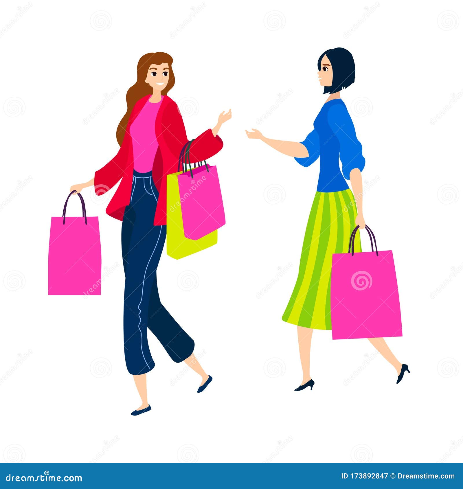Vector Illustration Isolated on White Cartoon Flat Girls Go Shopping  Friends or Lesbians with Bags Stock Vector - Illustration of design, girl:  173892847
