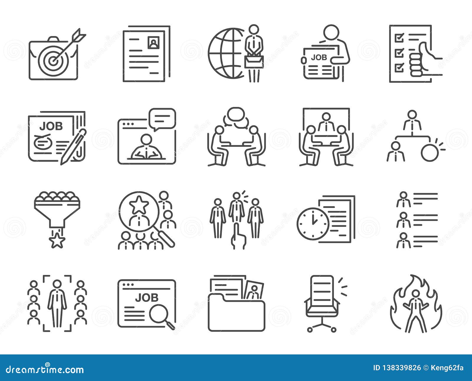 jobs line icon set. included icons as career, seeking job, employment, recruit, recruitment and more.