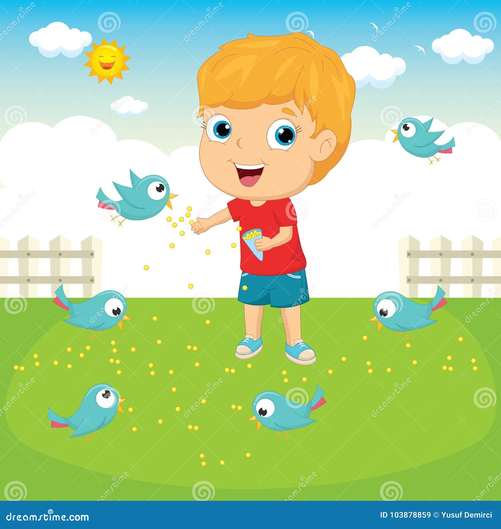 Vector Illustration of a Kid Feeding Birds Stock Vector Illustration