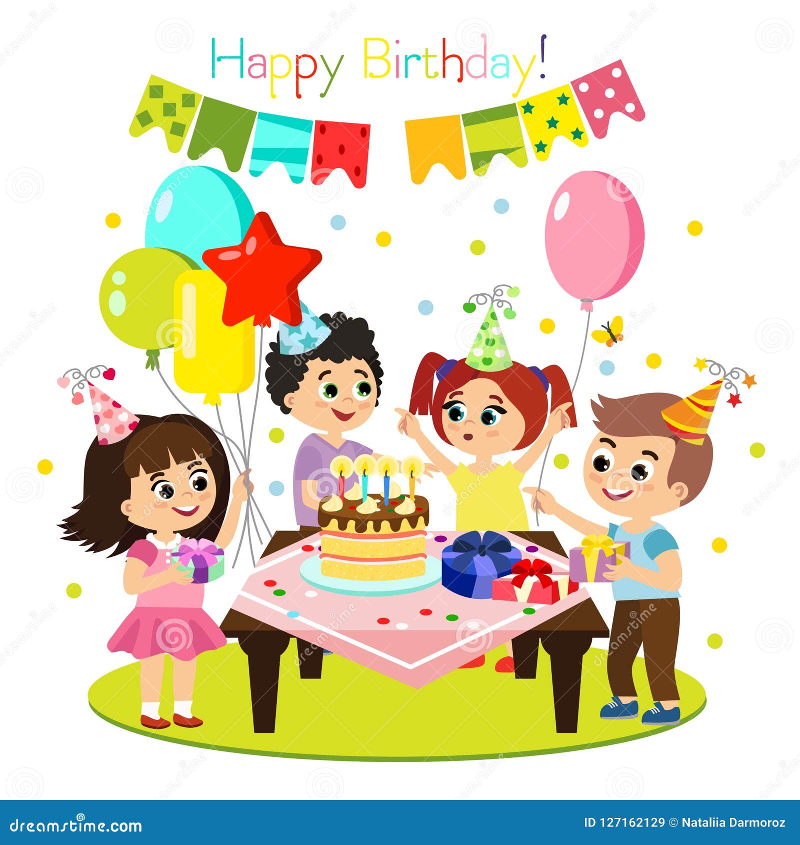 Vector Illustration of Kids Birthday Party, Colorful and Bright ...