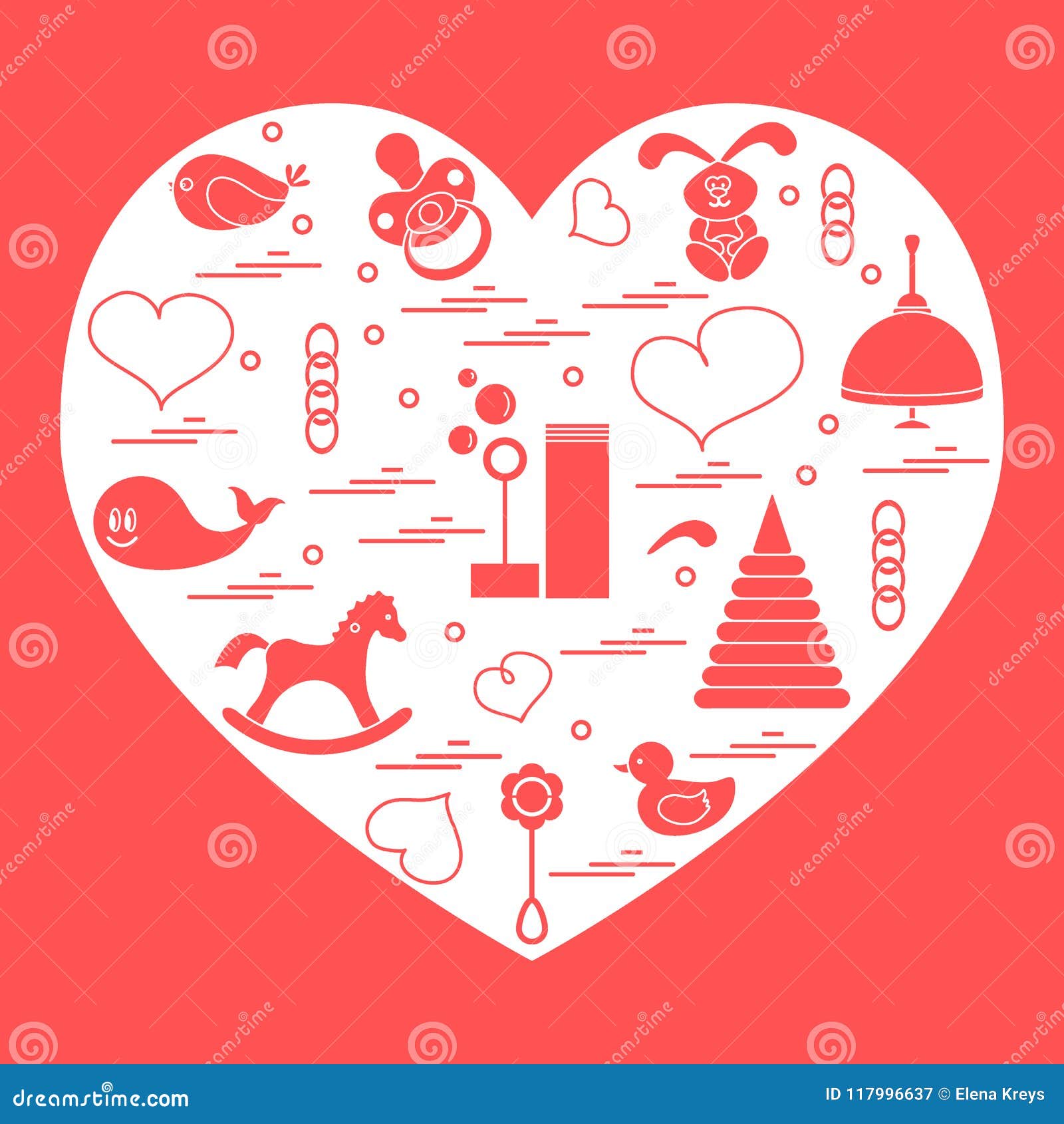   kids s arranged in a heart: bird, whale, pacifier, bubbles, pyramid, beanbag, rabbit, duck and other.