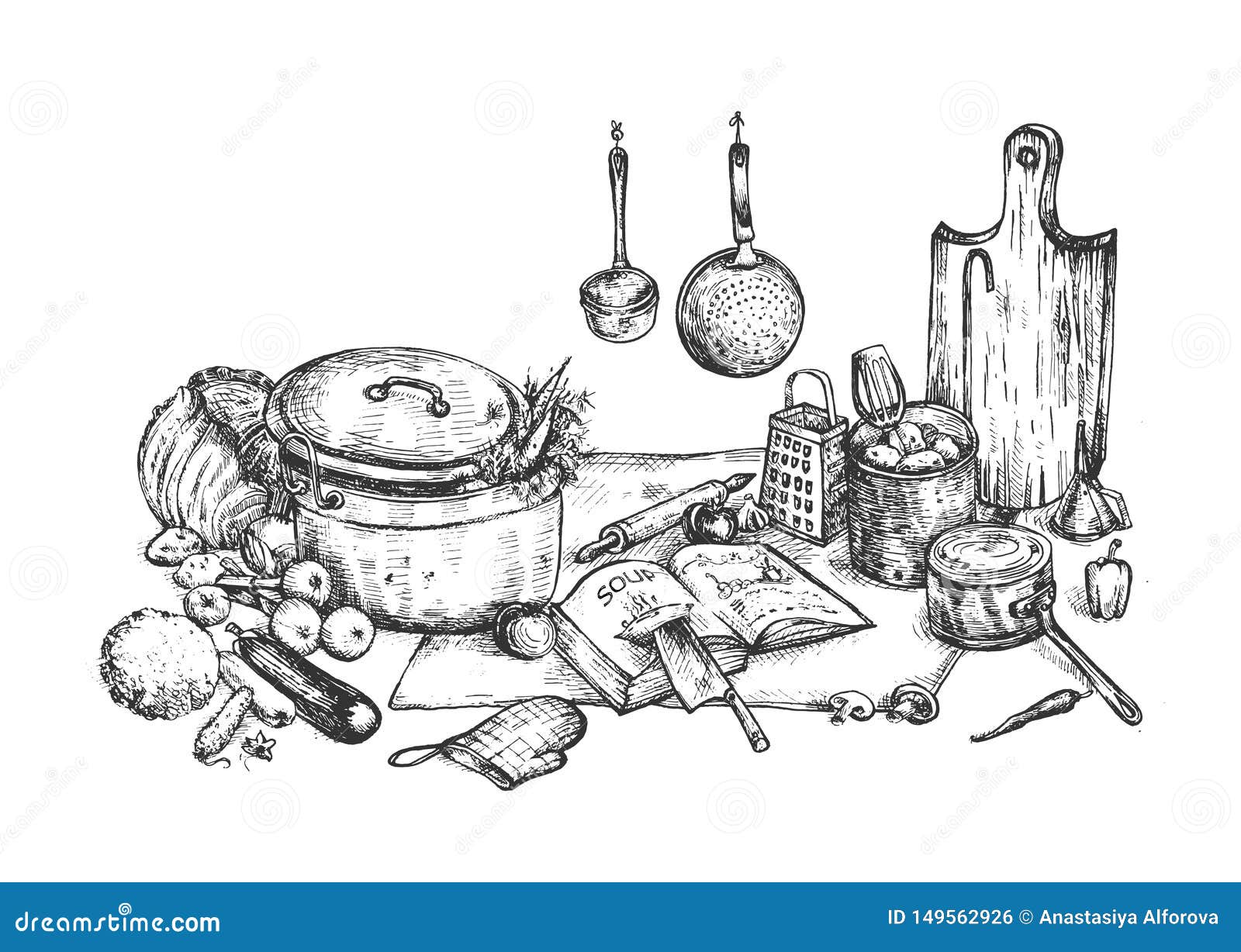 https://thumbs.dreamstime.com/z/vector-illustration-kitchen-cooking-home-still-life-utensils-cookbook-board-chief-knife-pot-pan-vegetables-soup-recipe-149562926.jpg