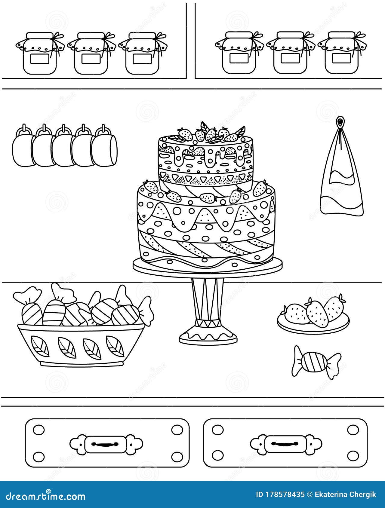 Vector Illustration with Kitchen Utensils and Food, Cake, Cups, Apples.  Cute Children`s Coloring Book with an Ornament Stock Vector - Illustration  of design, elements: 177901172