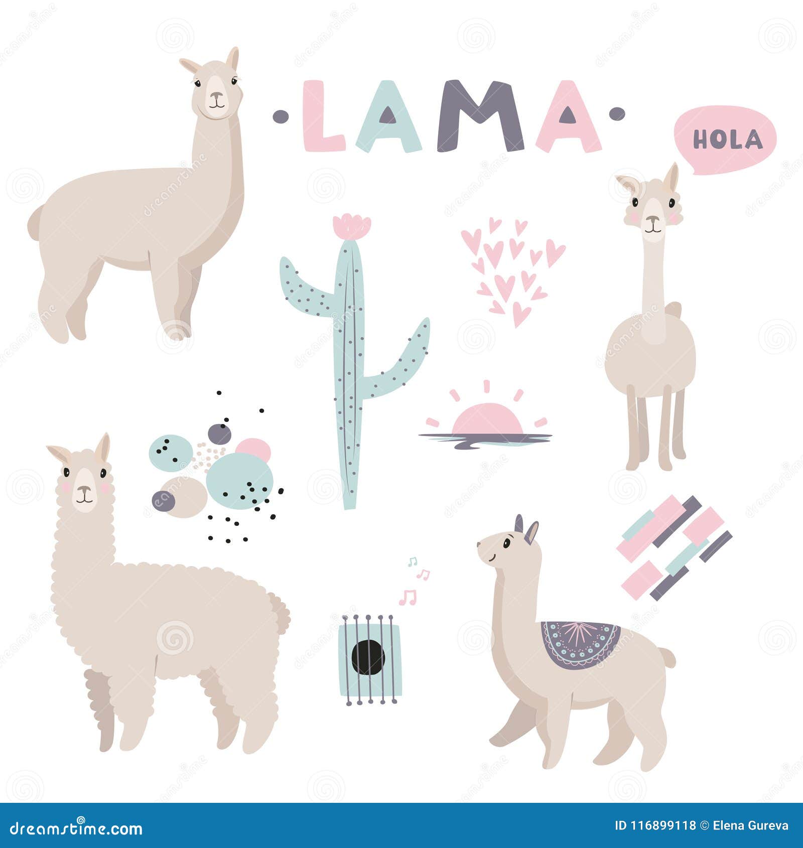  . lama collection with cute objects, hearts, abstract patterns.