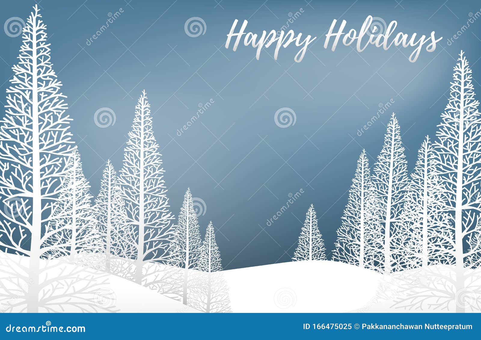 landscape with pine trees on snow hill and happy holidays! text