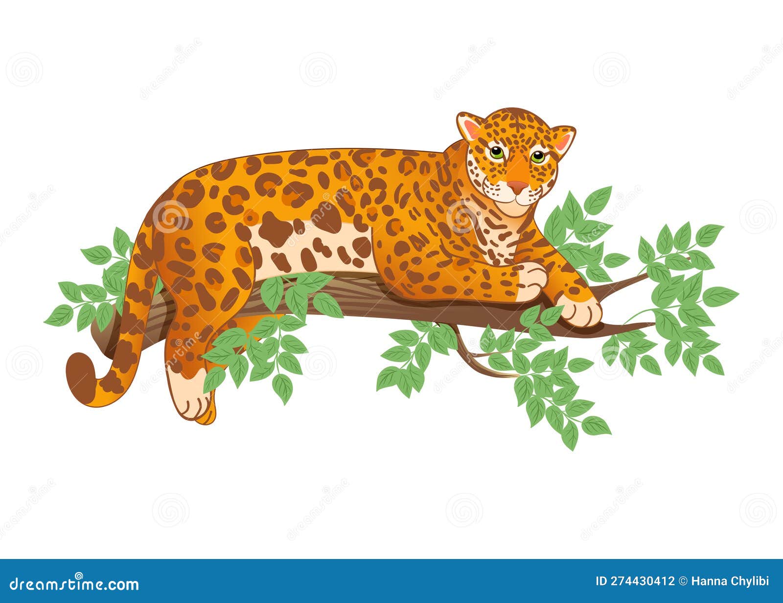 Vector Illustration of a Leopard or Jaguar Lying on a Tree in a Cartoon ...