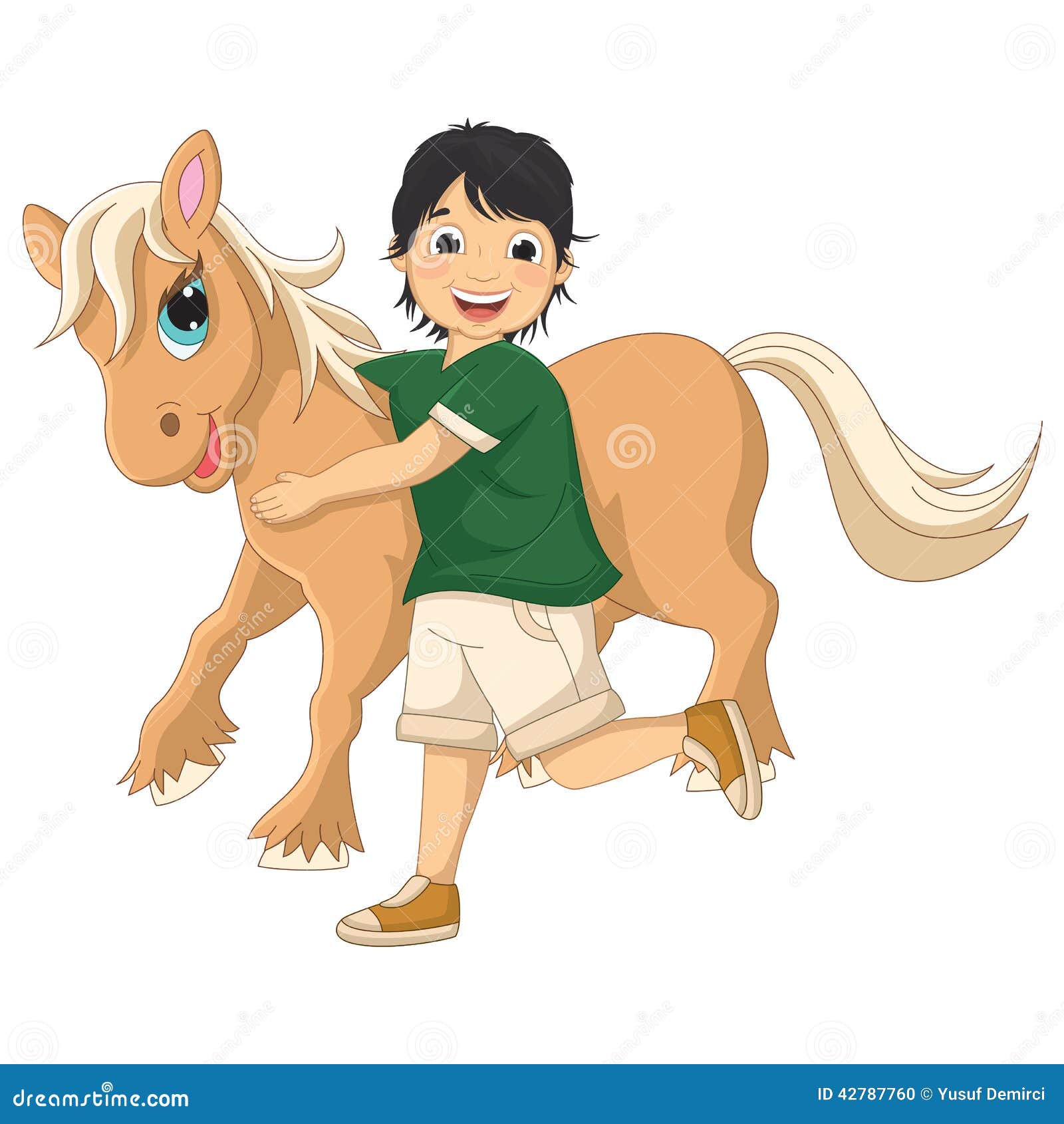 Vector Illustration of a Little Boy Hugging Pony Stock Vector ...