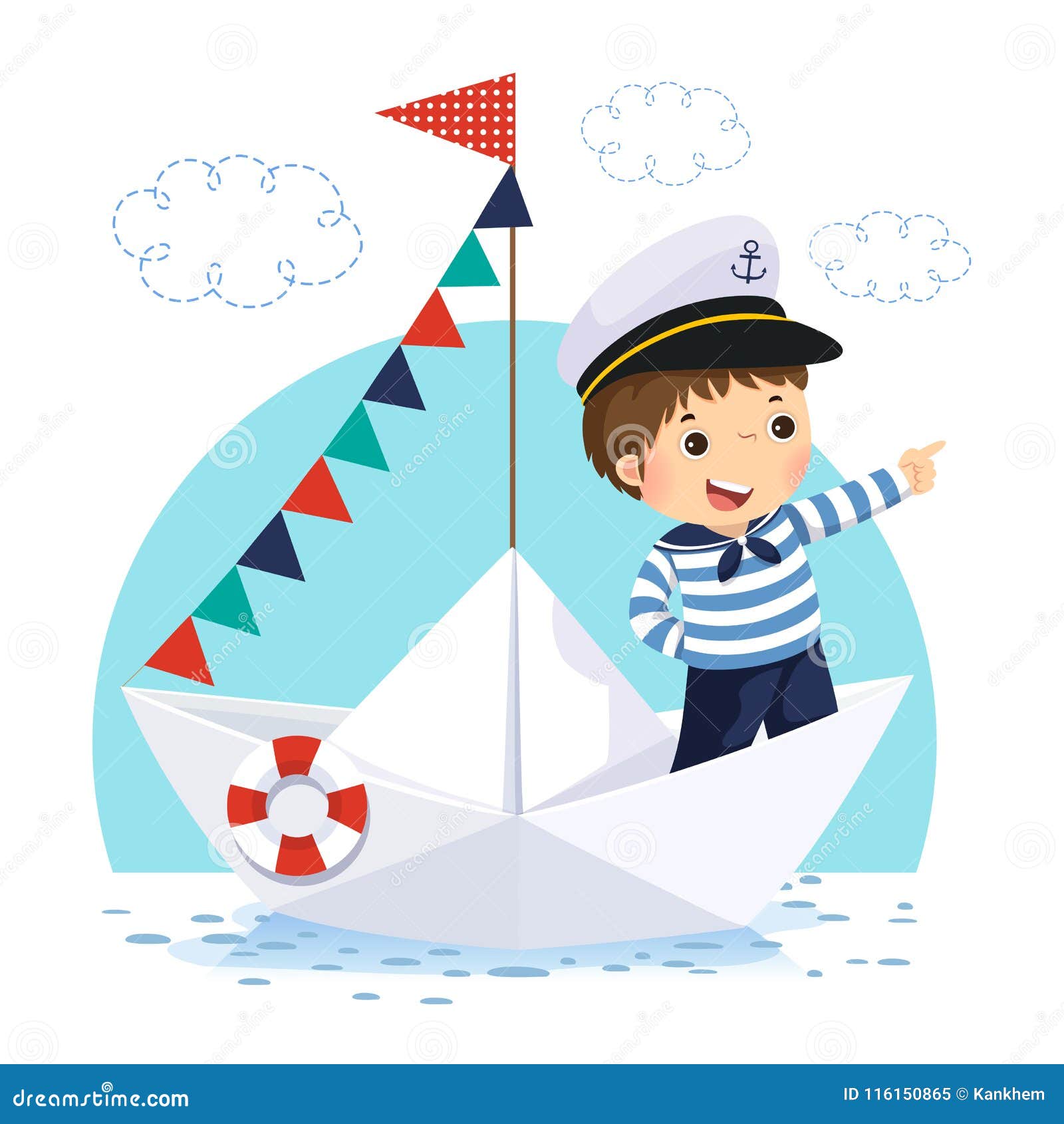 little boy in sailor costume standing in a paper boat