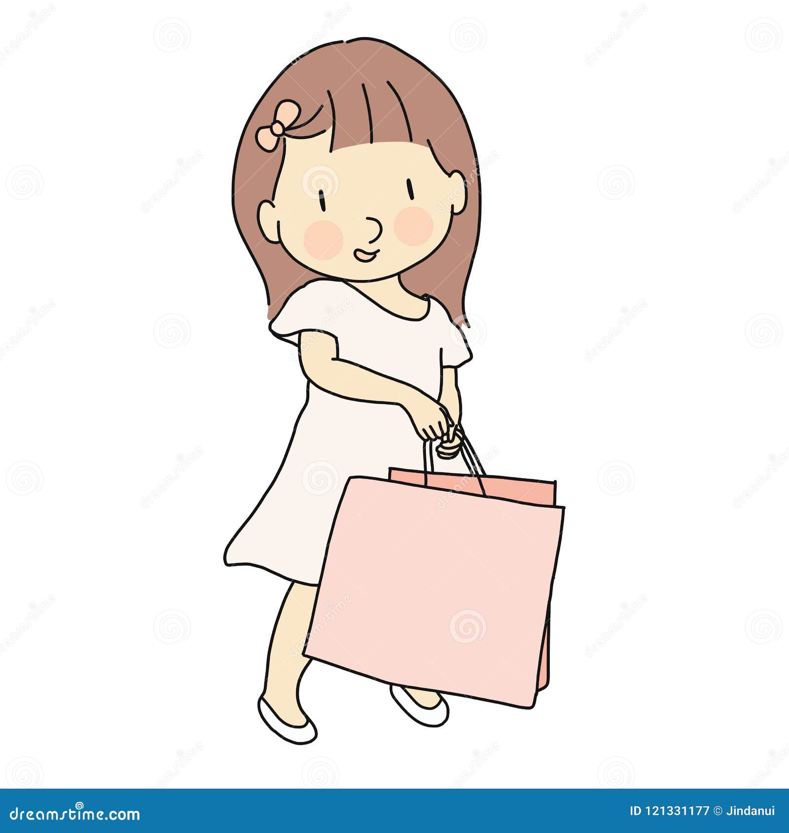   of little cute girl in pink dress carrying shopping bag. lifestyles concept. cartoon character drawing