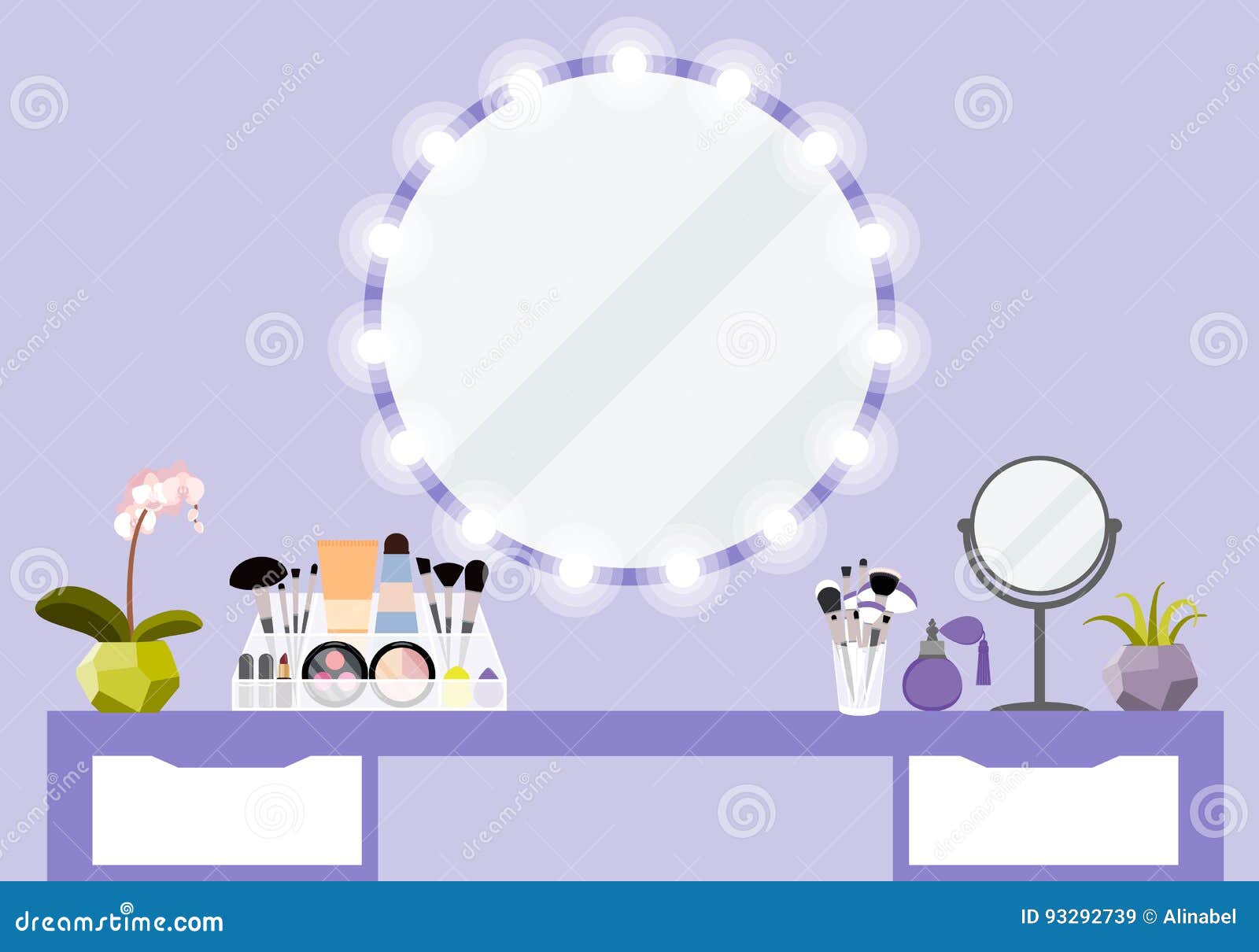 Vector Illustration with Makeup Table, Mirror and Cosmetics Product