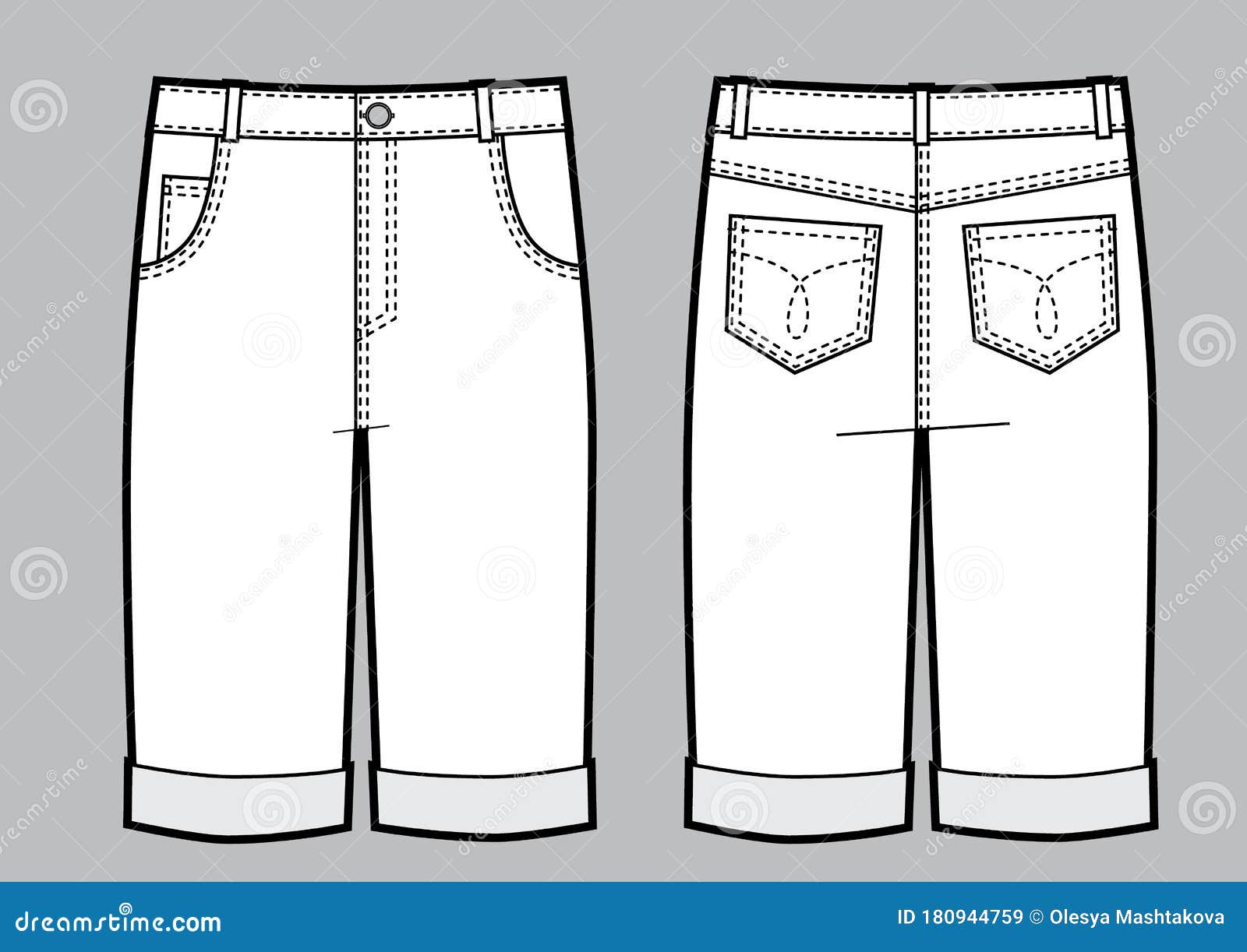 Vector Illustration of Man Jeans Shorts. Front and Back Views Stock ...