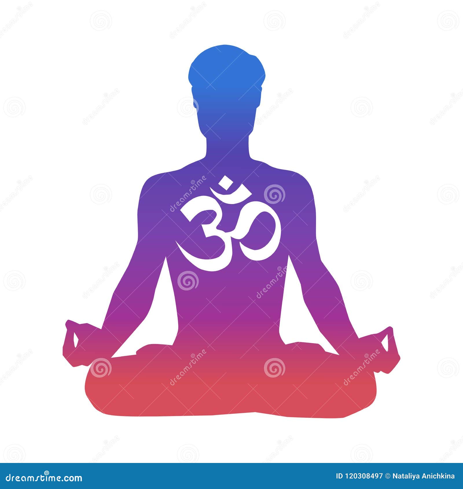   of a man meditating in the lotus pose. male silhouette in gradient blue, pink, violet colors and religious sig